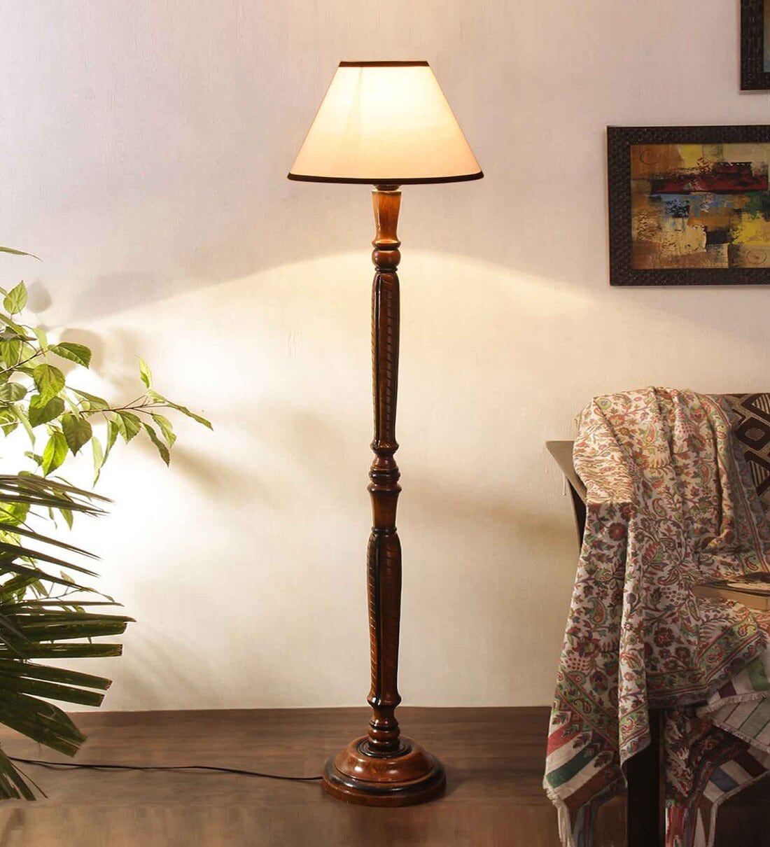 Buy Classic Wooden Floor Lamp with Cotton Shade (Brown