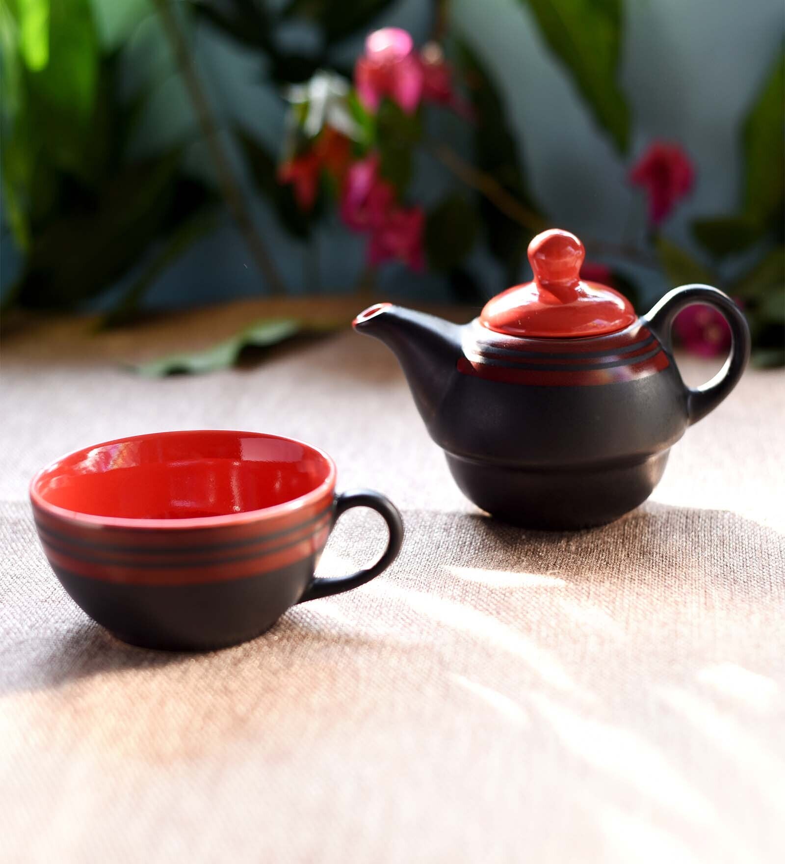 Buy Clancy Black & Red Ceramic (Set of 2) Tea Pot & Tea Cup Set at 47