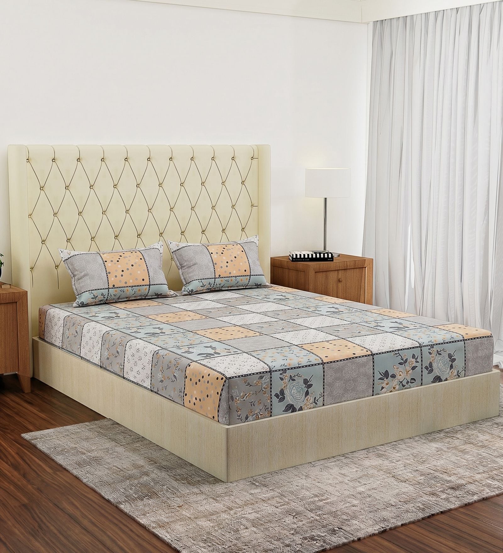 Grey Abstract 180 TC Polyester Double Size Bedsheet With 2 Pillow Covers