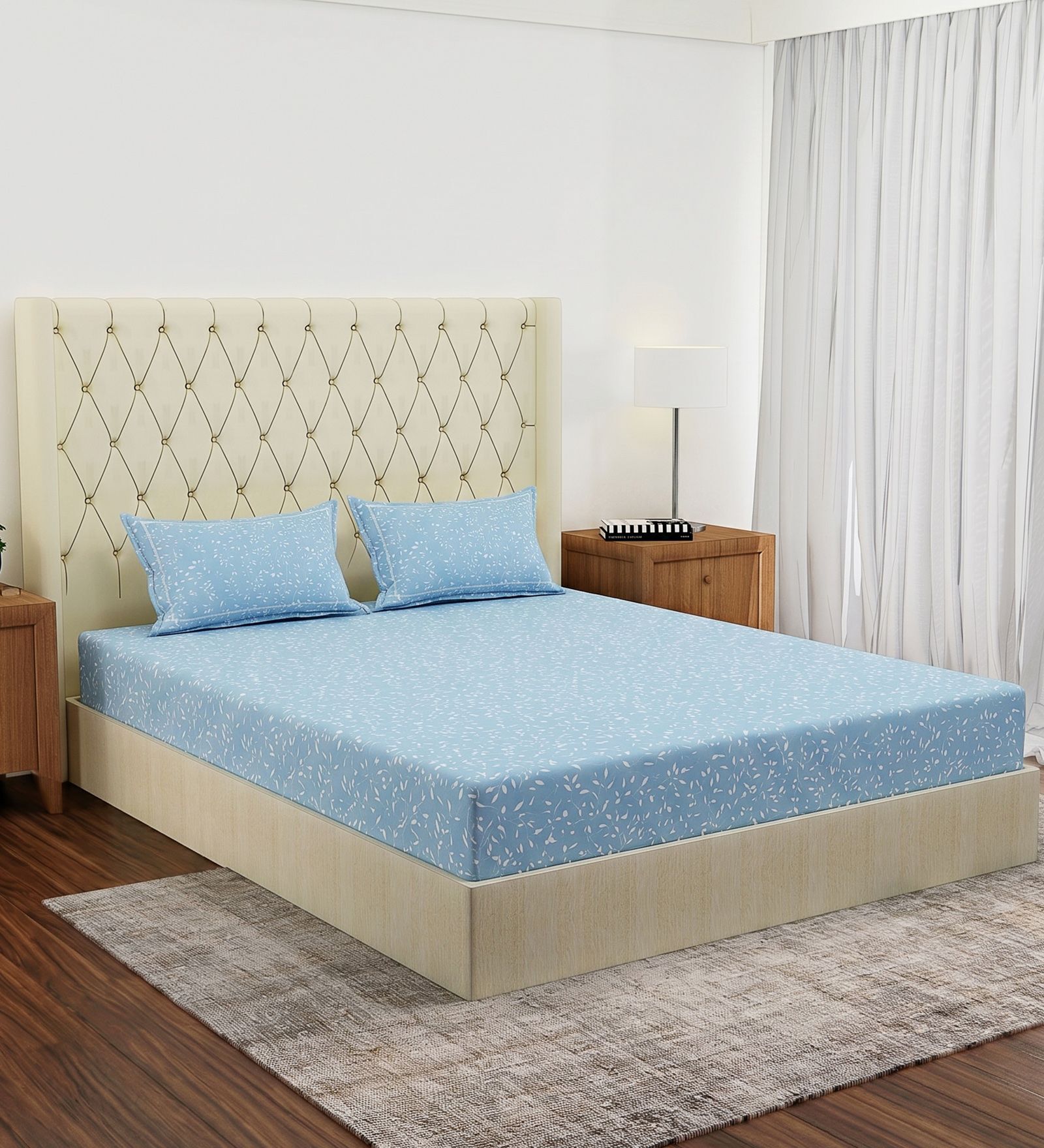 Blue Floral 180 TC Polyester Double Size Bedsheet With 2 Pillow Covers