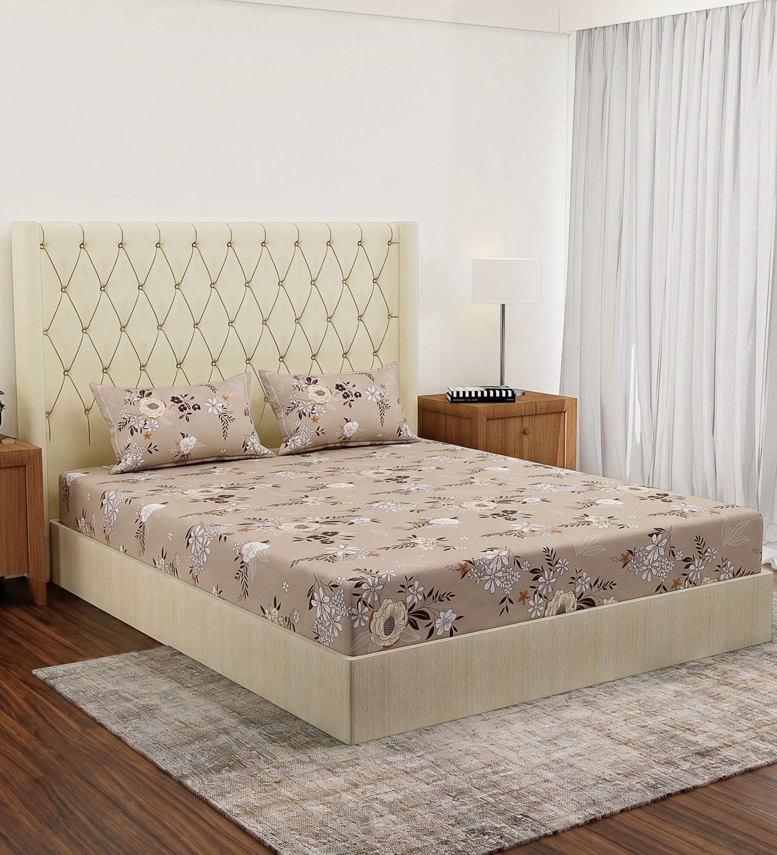 Beige Floral 180 TC Polyester Double Size Bedsheet With 2 Pillow Covers