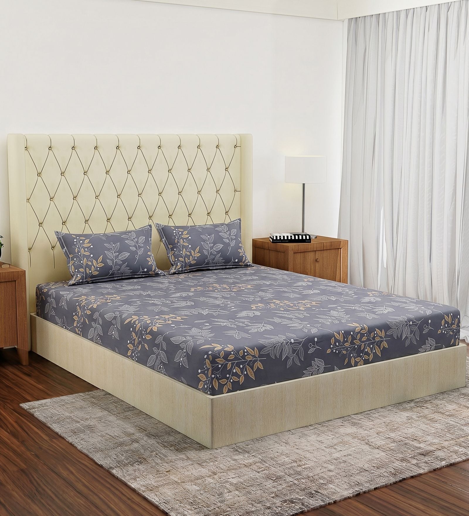 Blue Leaf 180 TC Polyester Double Size Bedsheet With 2 Pillow Covers