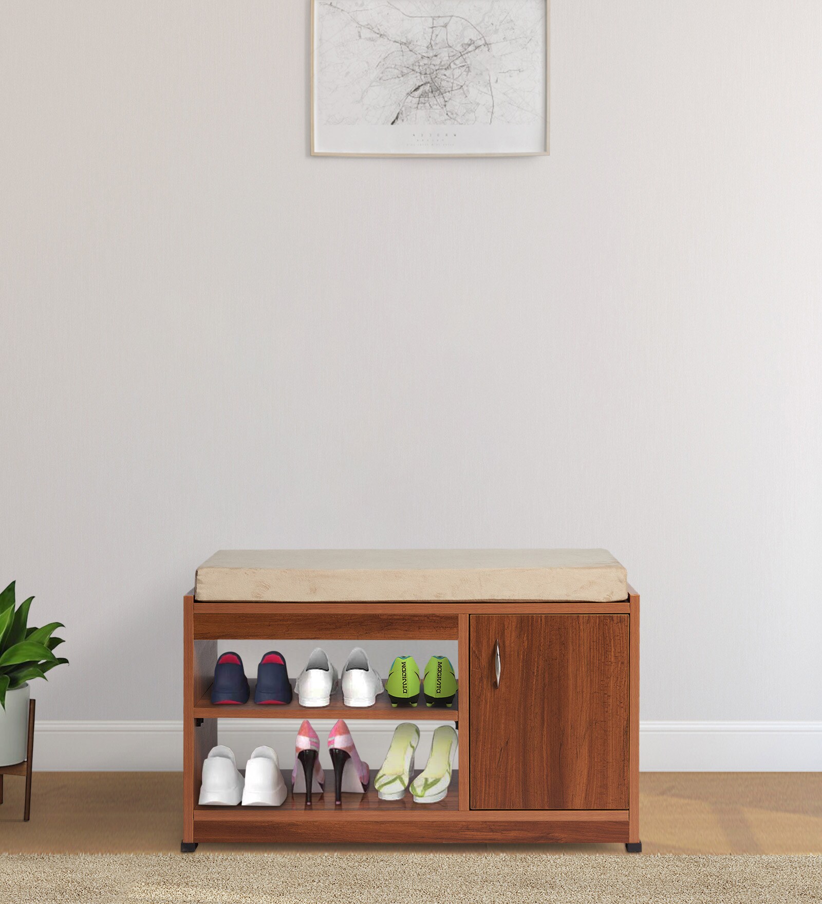 Claret Shoe Rack with Seating in Teak Finish