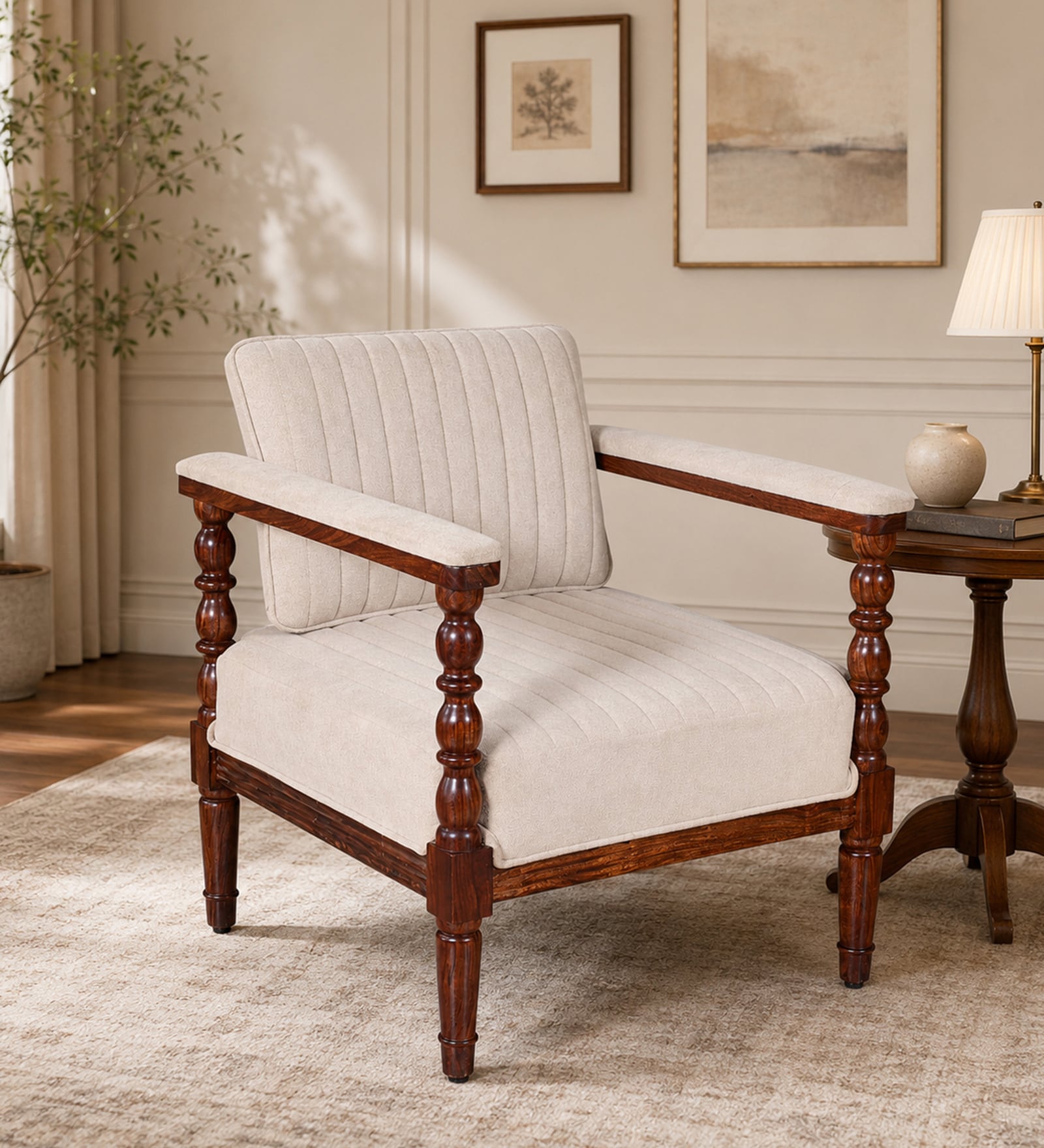 Clarion Sheesham Wood 1 Seater Sofa In Off White Colour Fabric in Honey Oak Finish