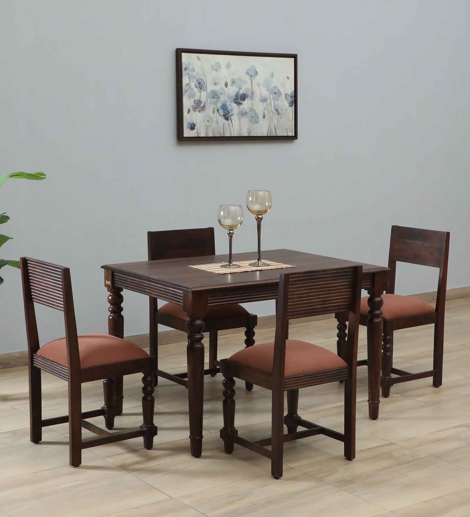 Clarion Sheesham Wood 4 Seater Dining Set In Provincial Teak Finish And Mocha Mousse Colour