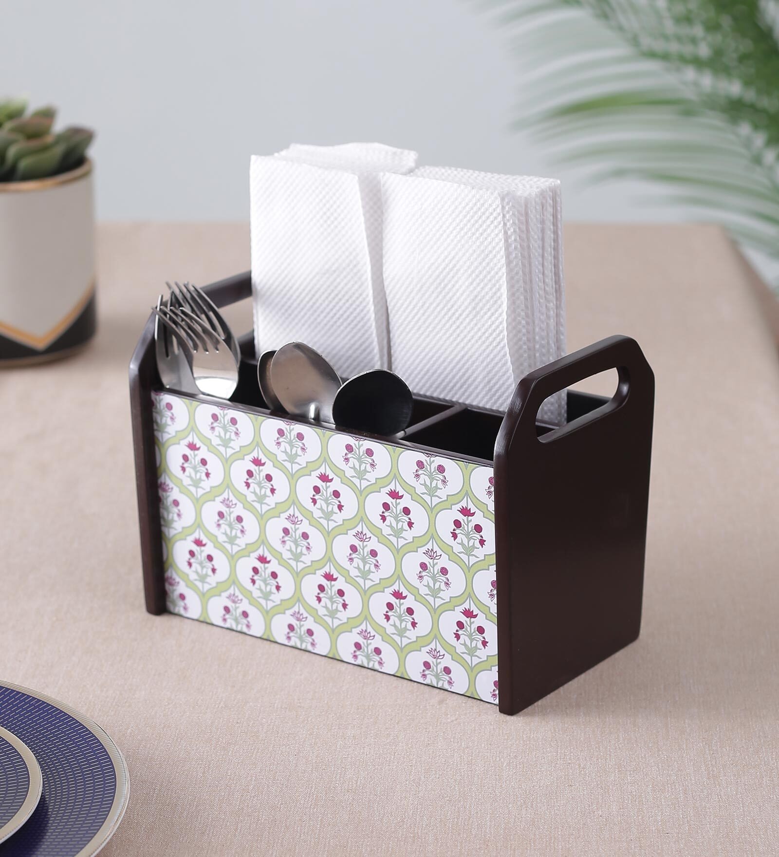 Brown Flower Print MDF Cutlery Holder