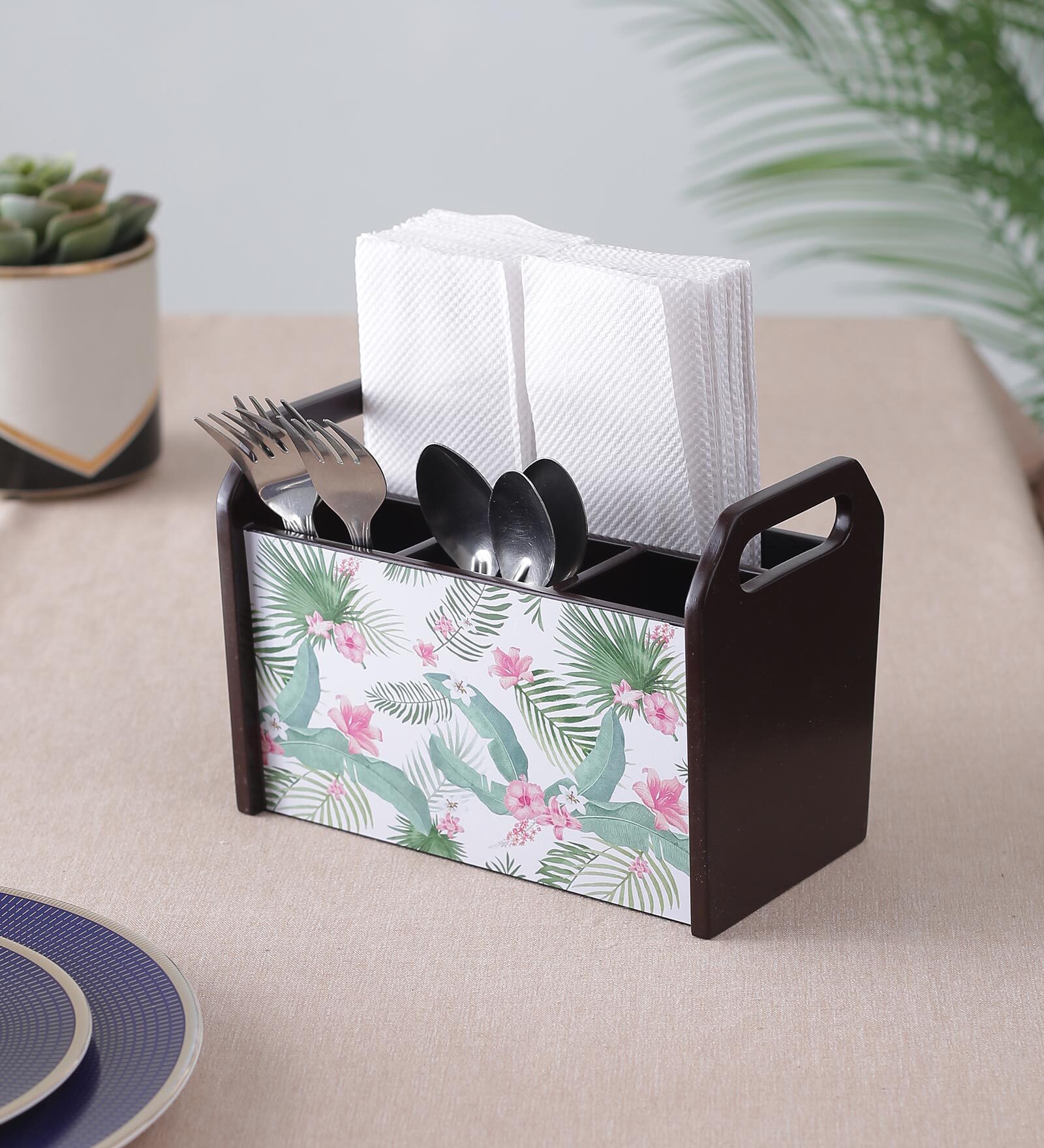 Brown Green Leaf Print MDF Cutlery Holder