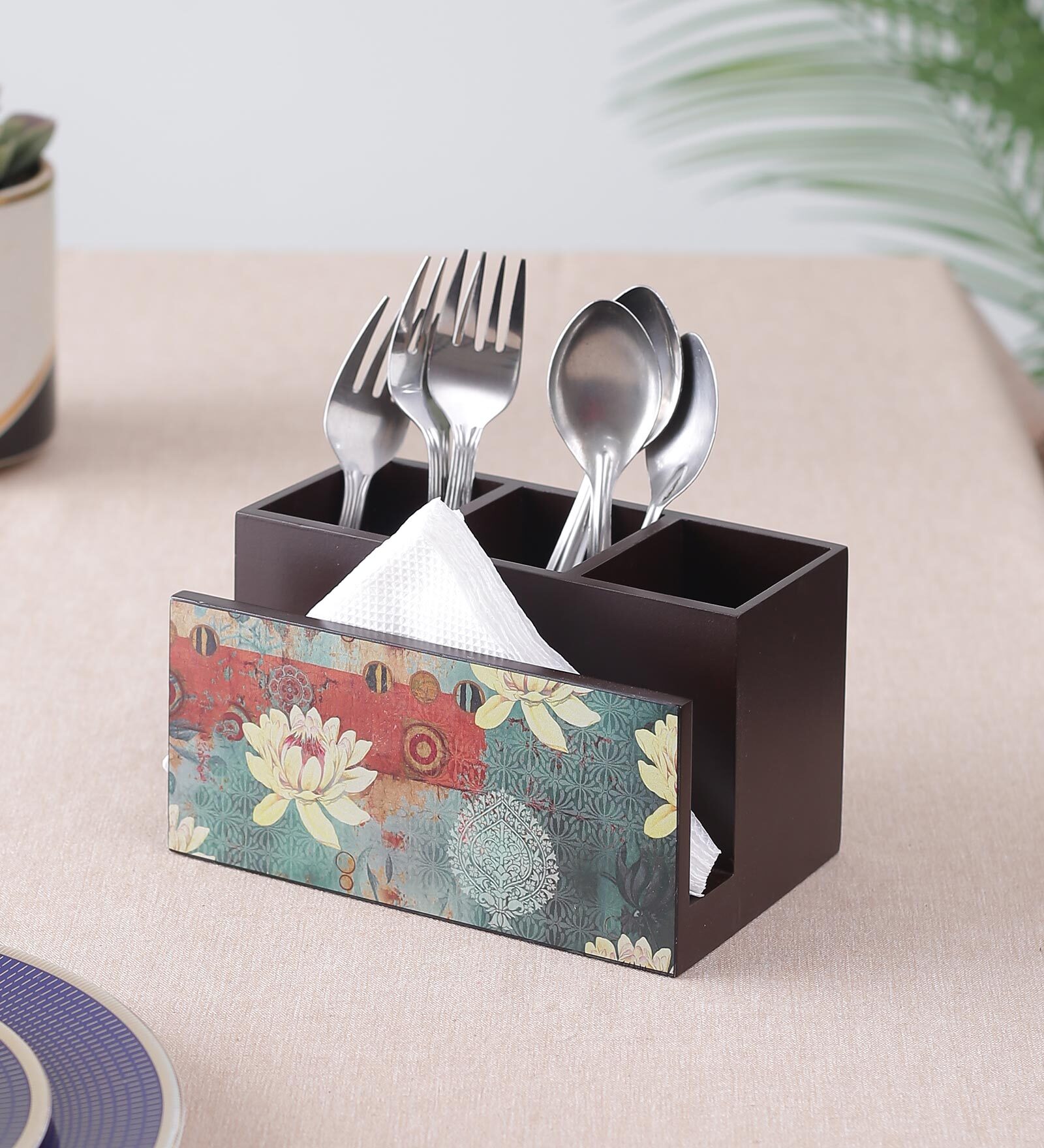 Brown Lotus Print MDF Cutlery Stand