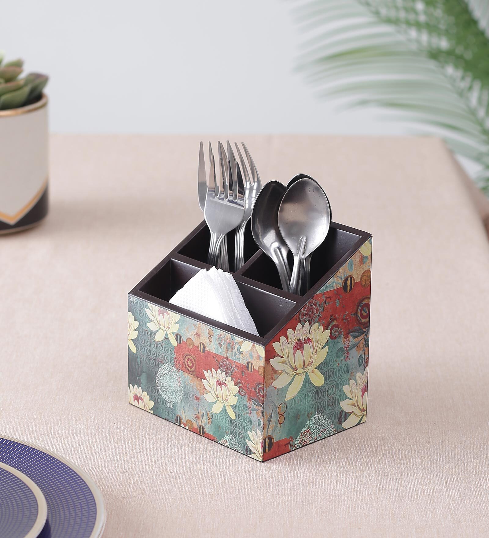 Brown Lotus Print MDF Cutlery Holder