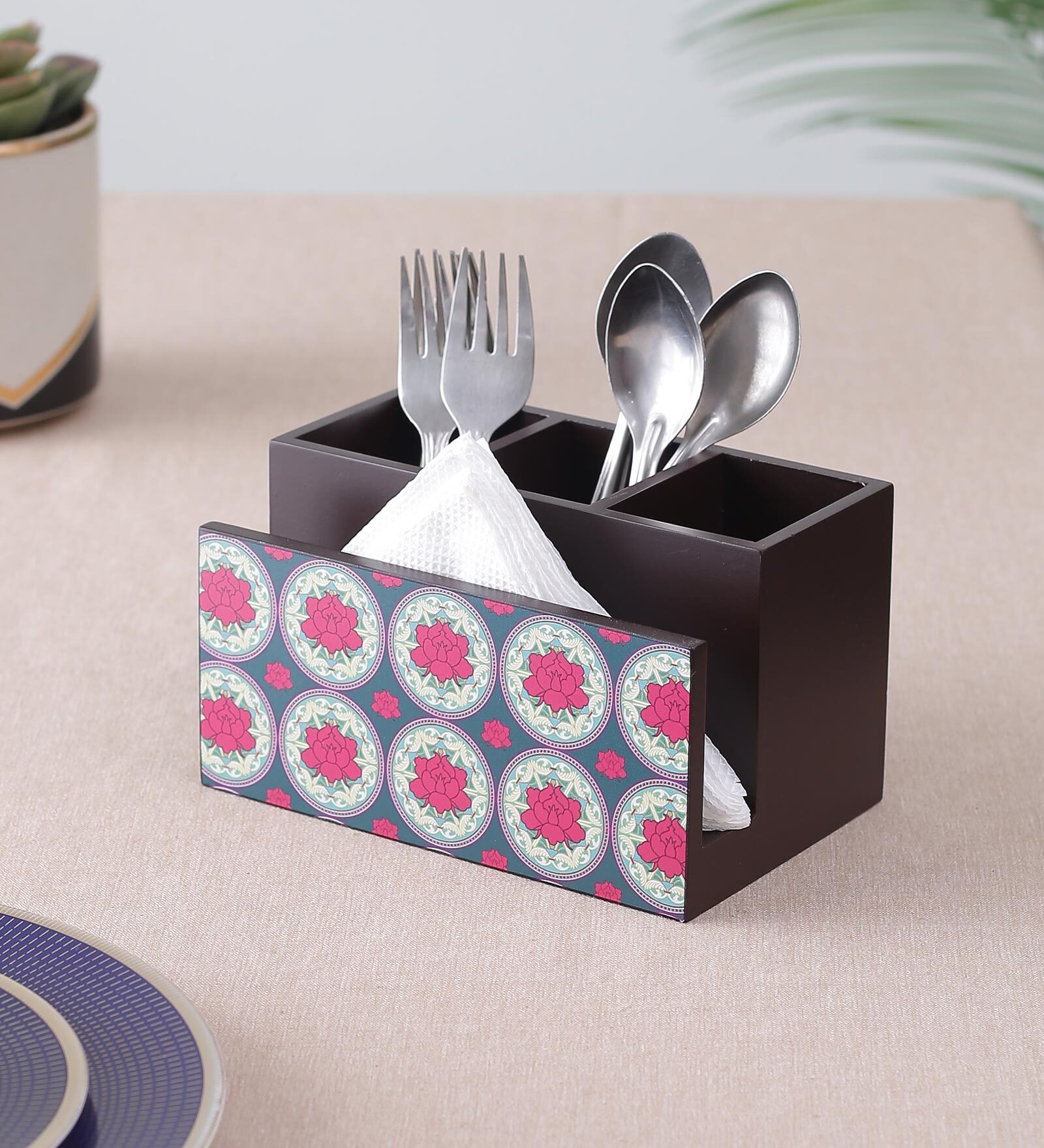 Brown Red Rose Print MDF Cutlery Stand