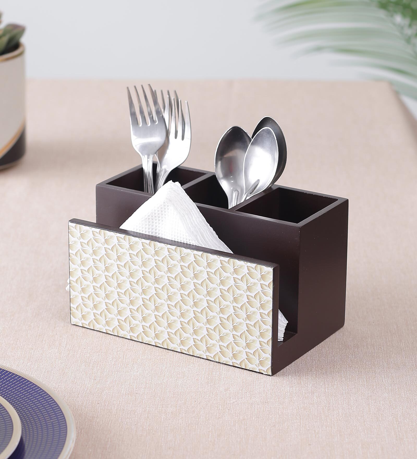 Brown White Gold Print MDF Cutlery Stand