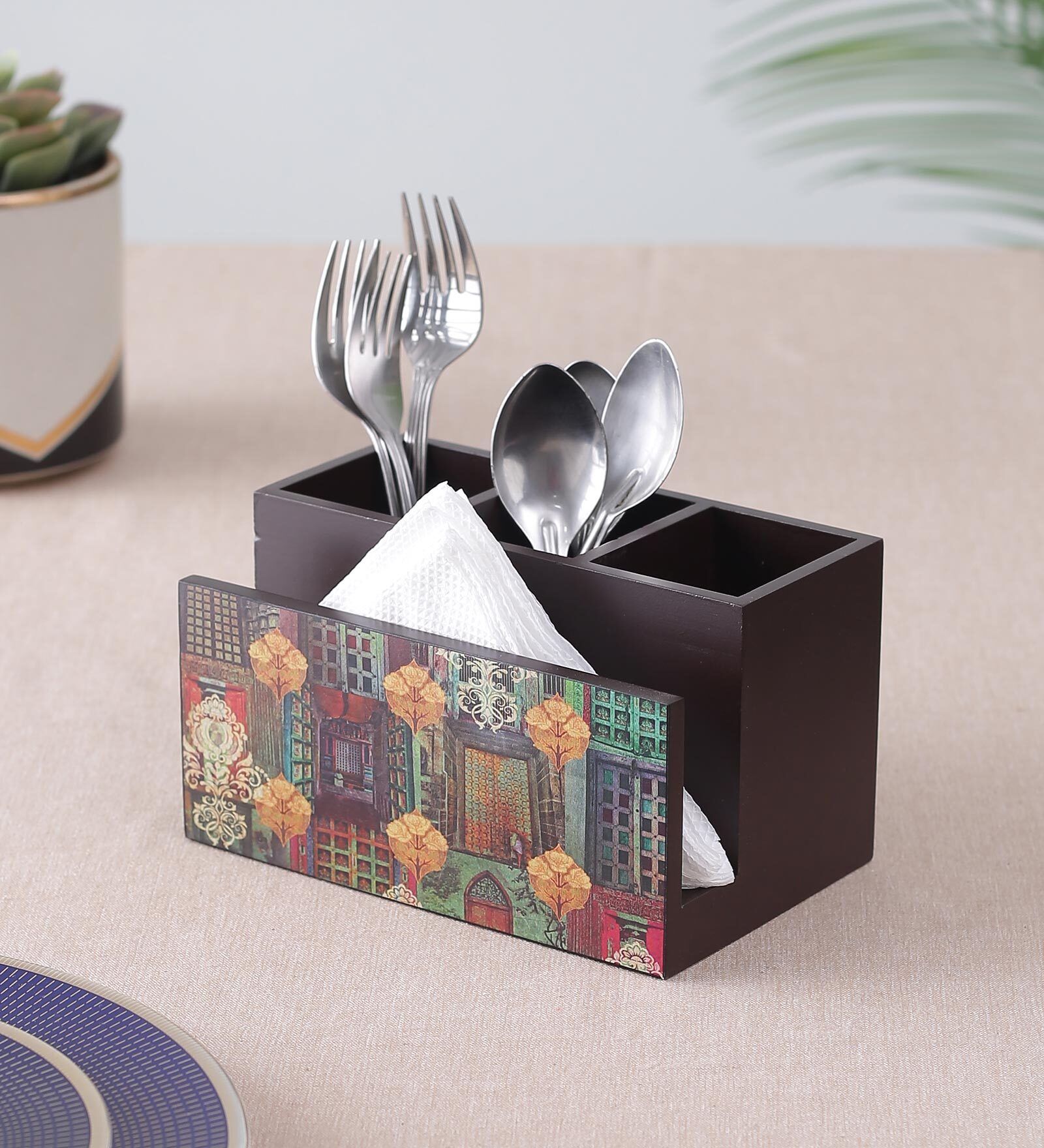 Brown Window Print MDF Cutlery Stand