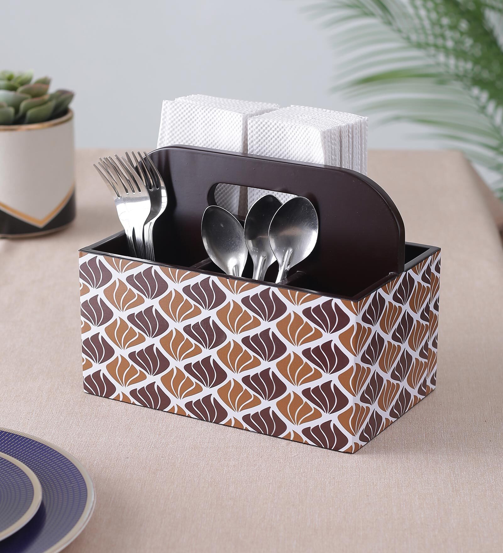 Brown Brown and White Print MDF Cutlery Holder