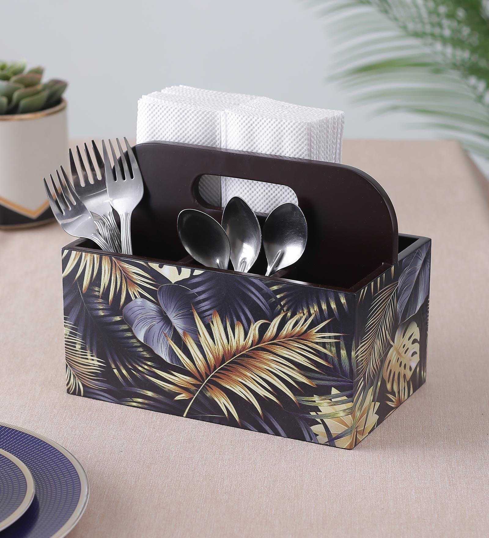 Brown Gold Leaf Print MDF Cutlery Holder