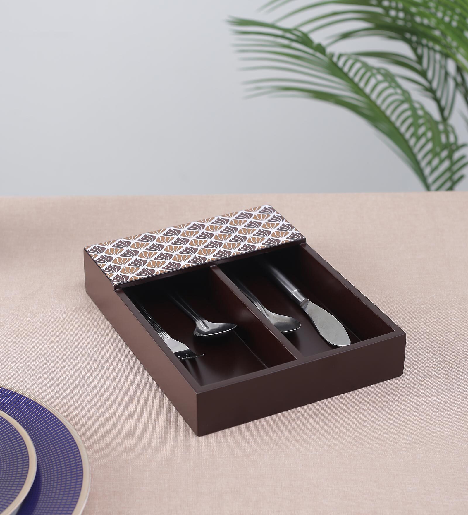 Brown Brown and White Print MDF Cutlery Holder