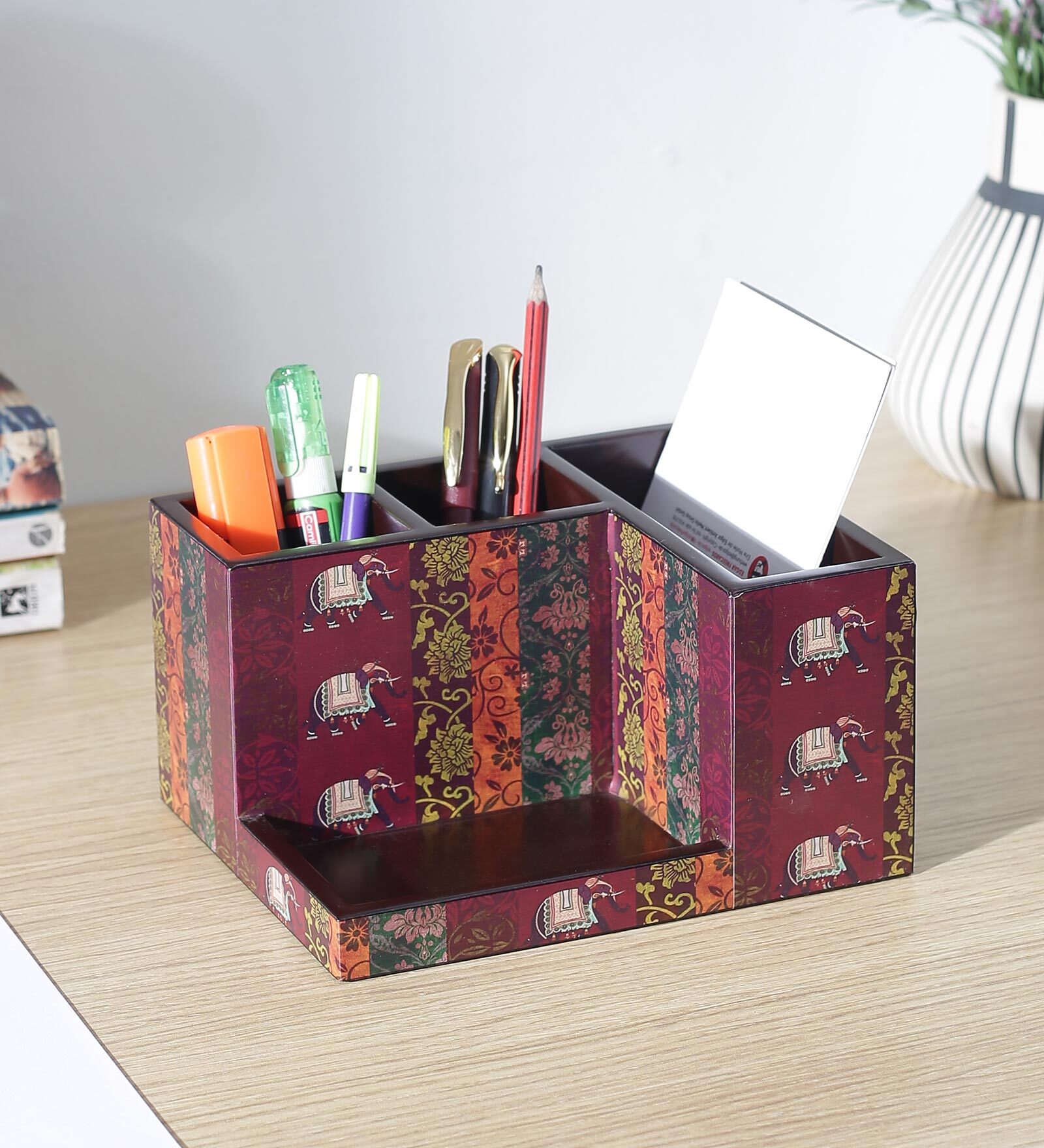 Brown Elephant Print MDF Desk Organizer