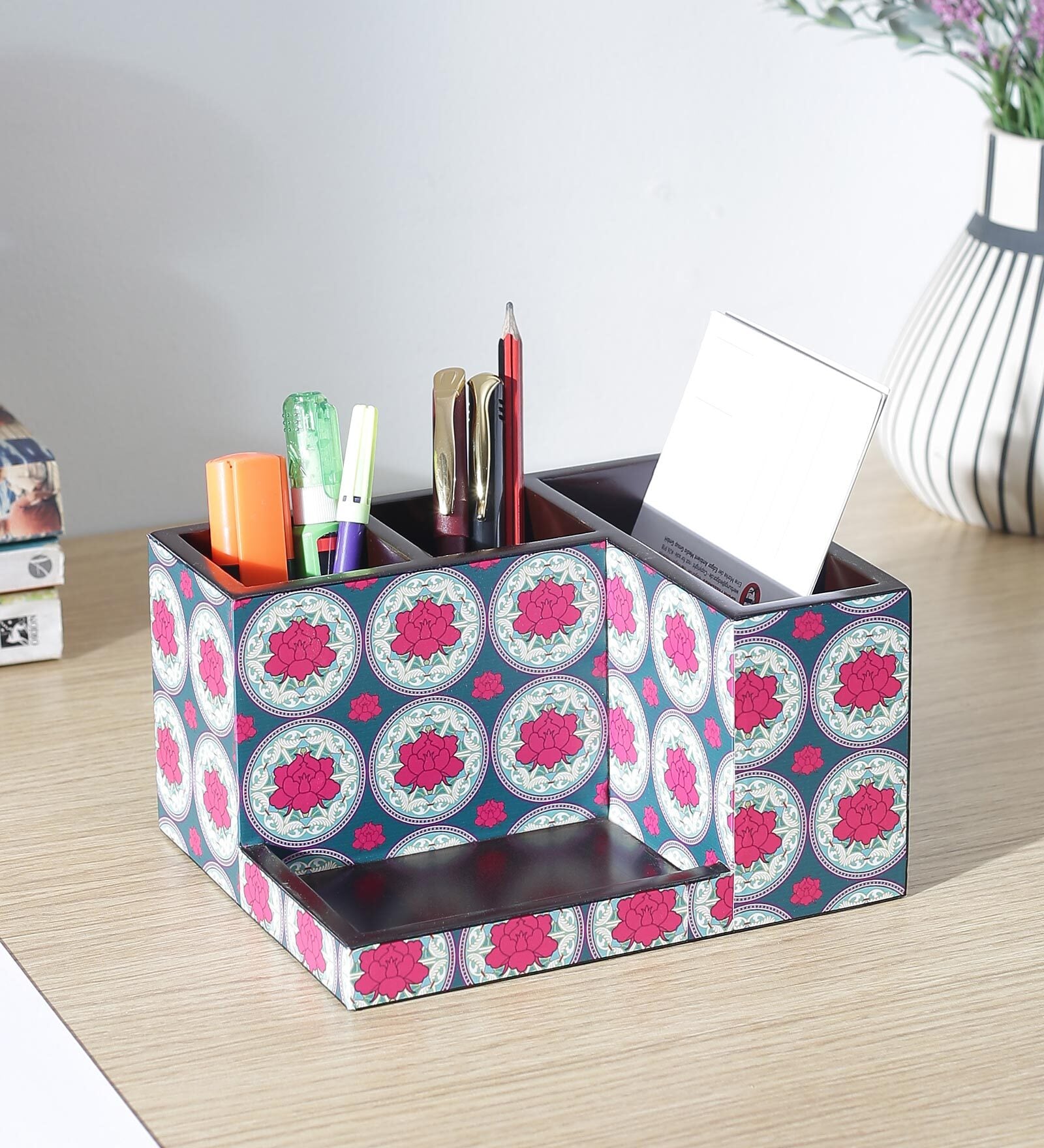Brown Red Rose Print MDF Desk Organizer