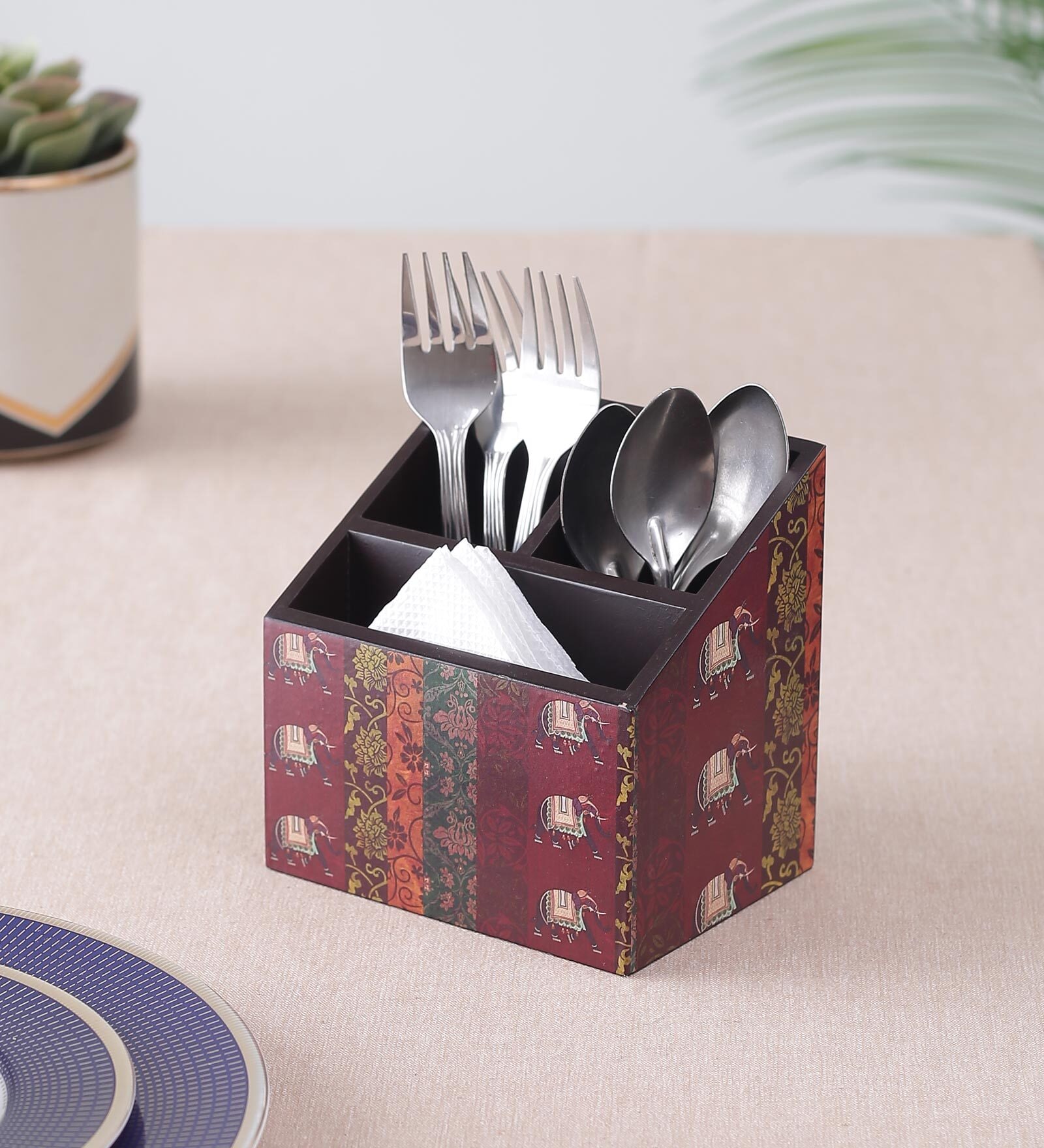 Brown Elephant Print MDF Cutlery Holder