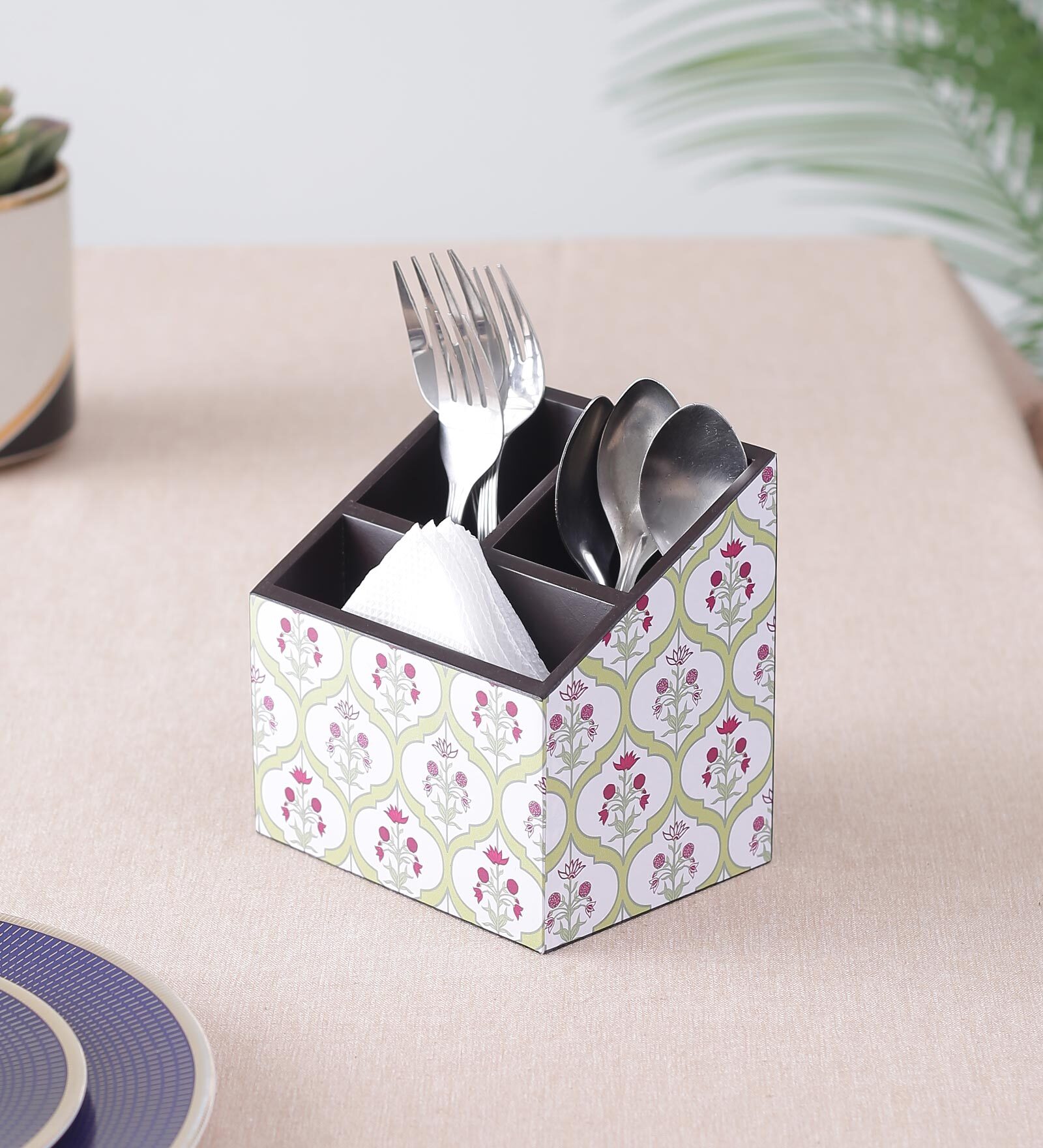 Brown Flower Print MDF Cutlery Holder