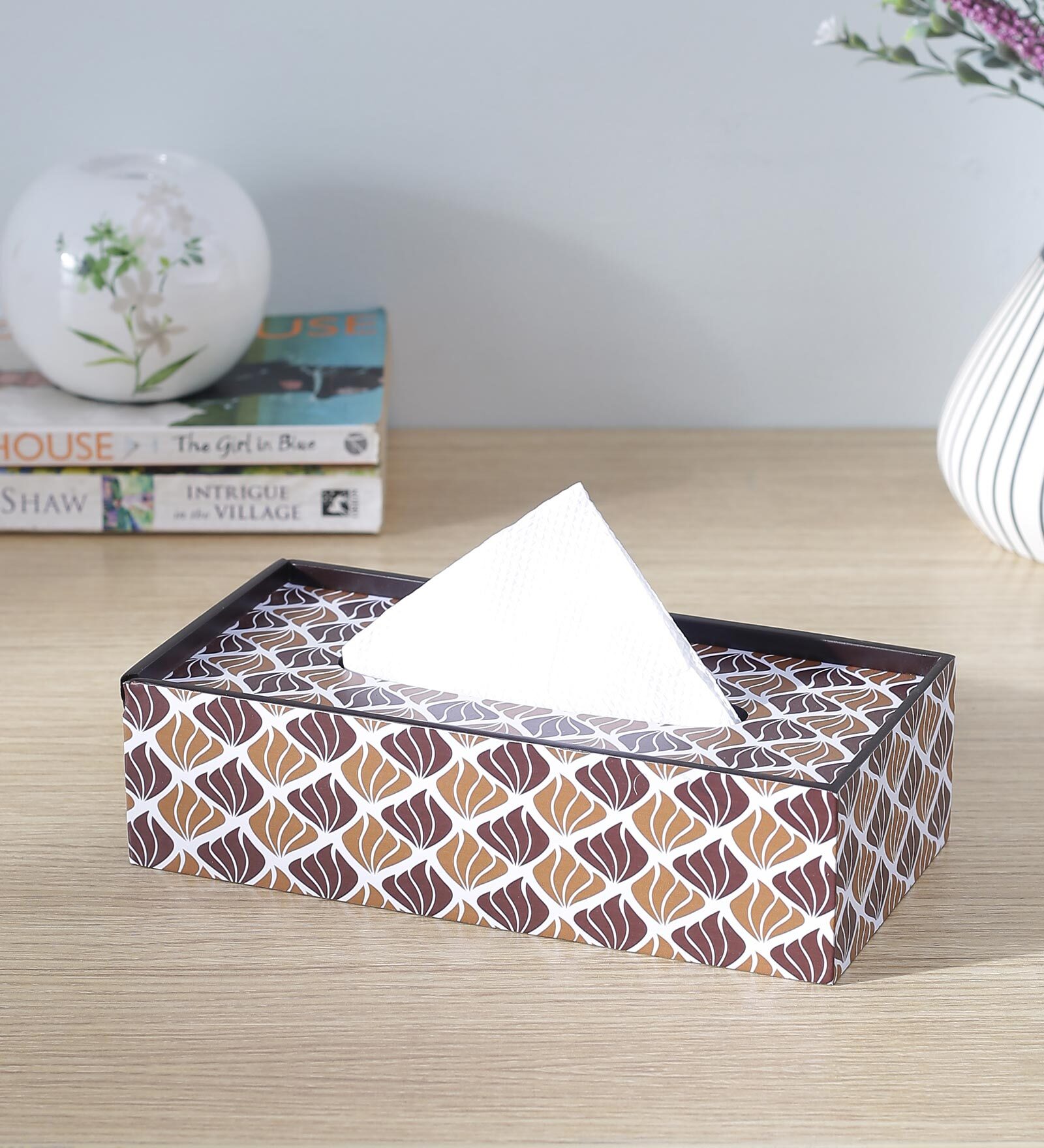 Brown Brown and White Print MDF Tissue Holder