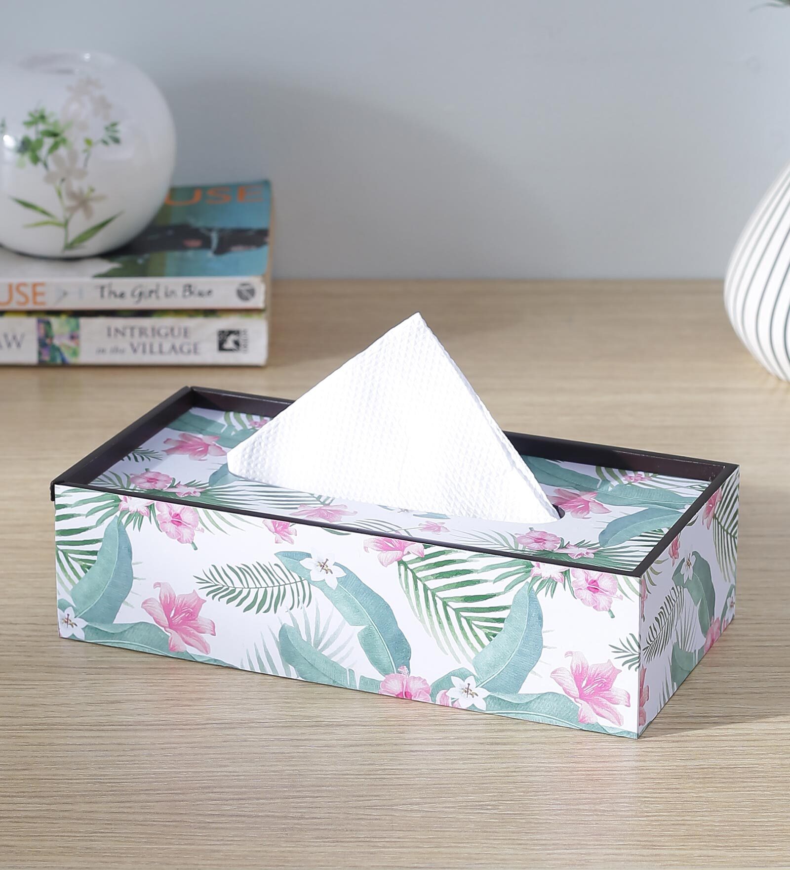 Brown Green Leaf Print MDF Tissue Holder