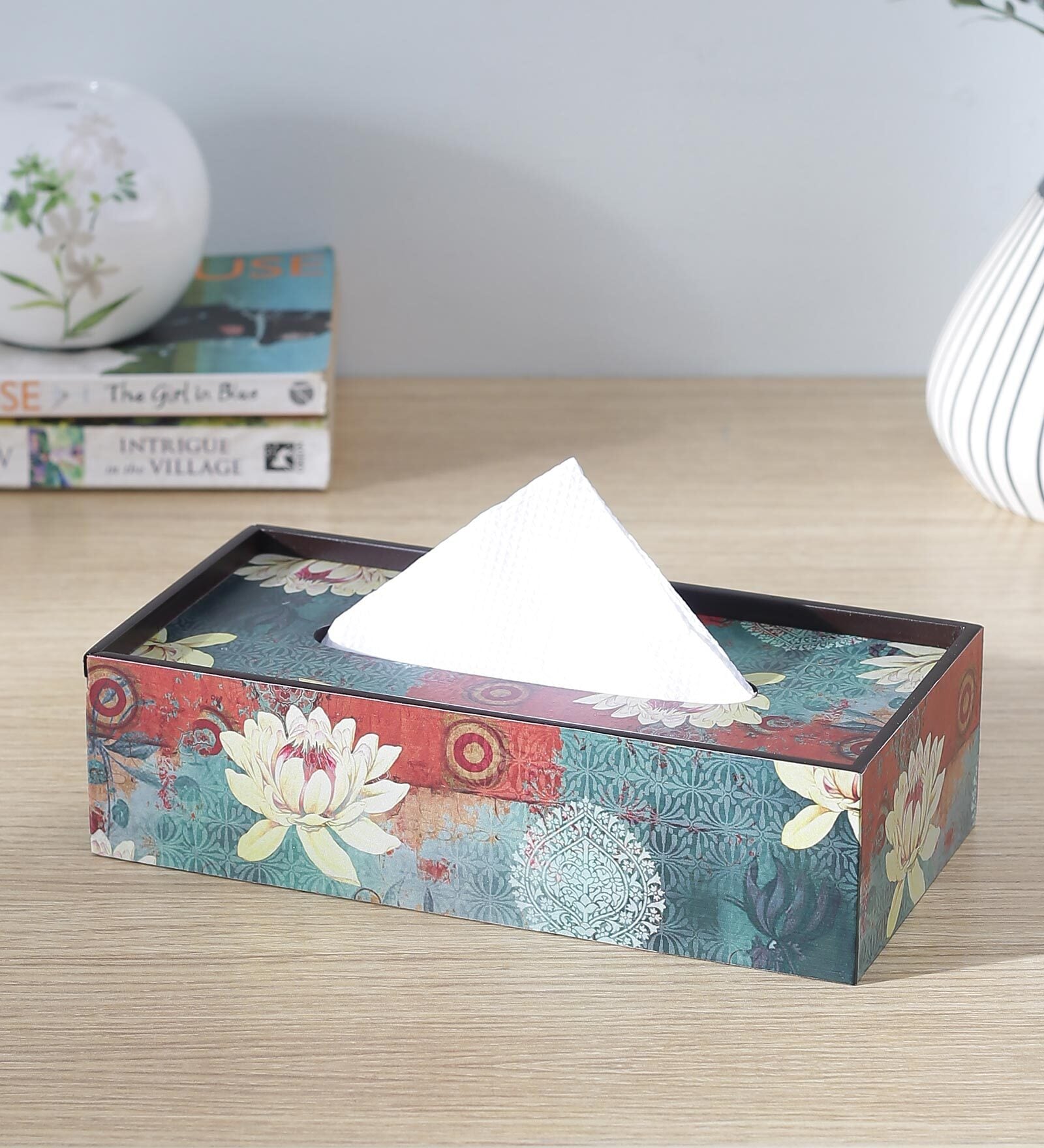 Brown Lotus Print MDF Tissue Holder