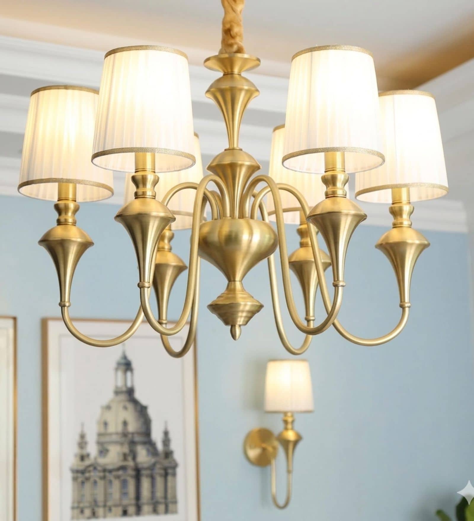 Classic 6-Arm Gold Chandelier with Fabric Shades