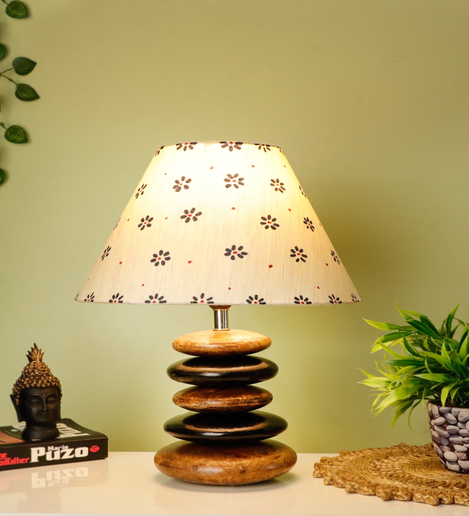 Beige Handpainted Shade Wooden Stone Handmade Black Brown Table Lamp