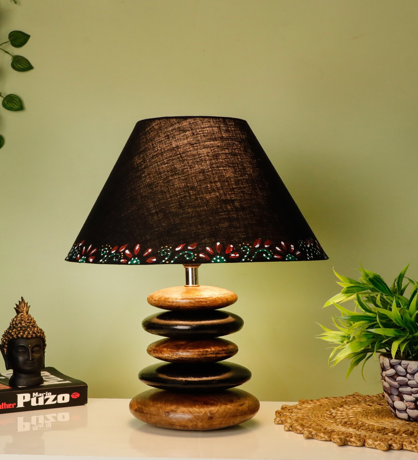 Black Handpainted Shade Wooden Stone Handmade Black Brown Table Lamp