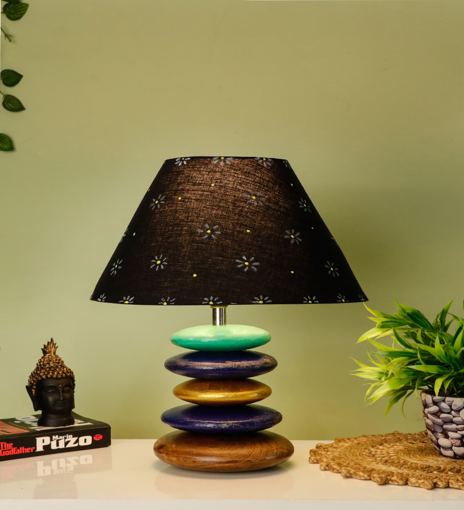 Black Handpainted Shade Wooden Stone Handmade Multicolor Table Lamp