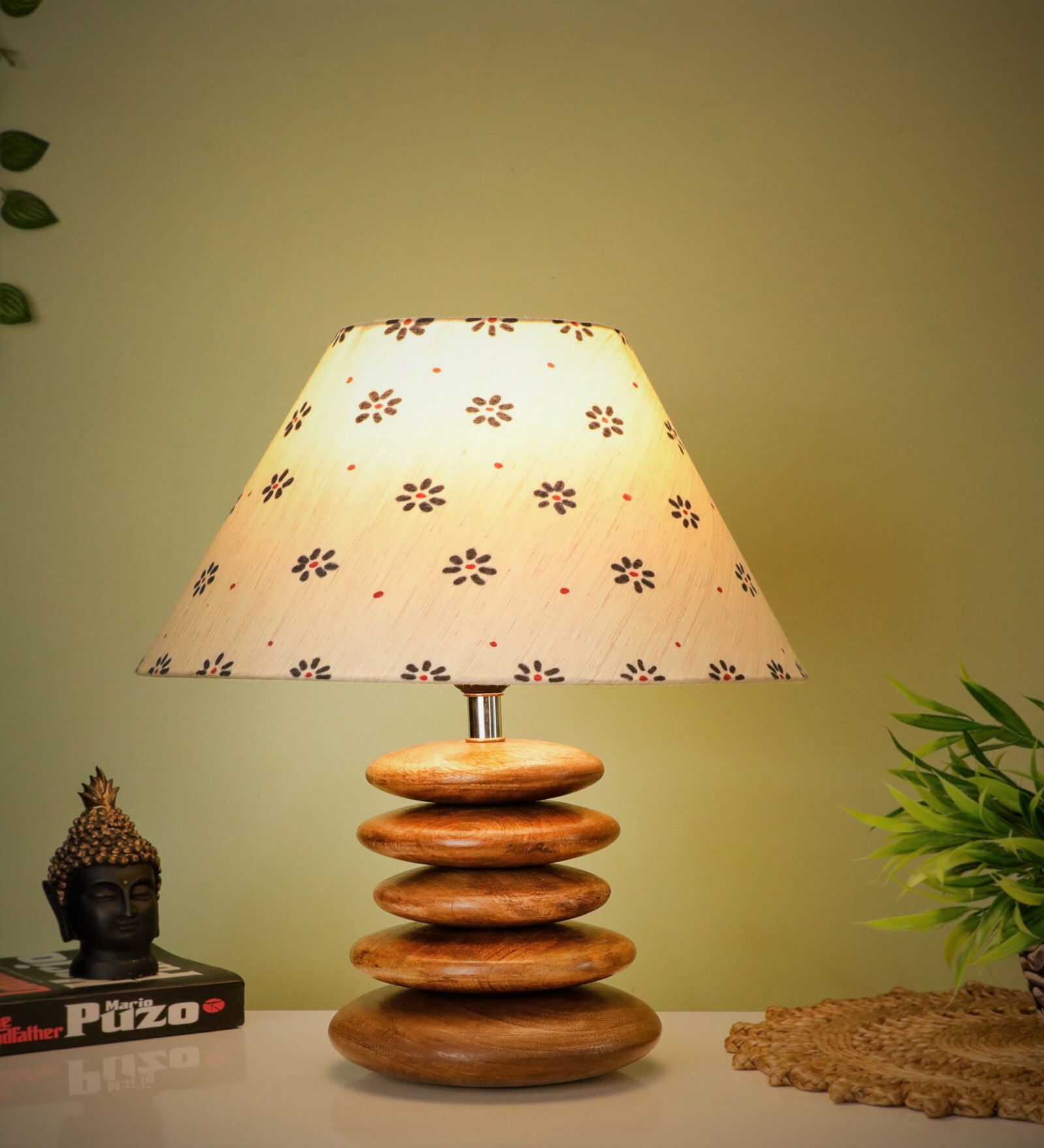 Beige Handpainted Shade Wooden Stone Handmade Brown Color Table Lamp