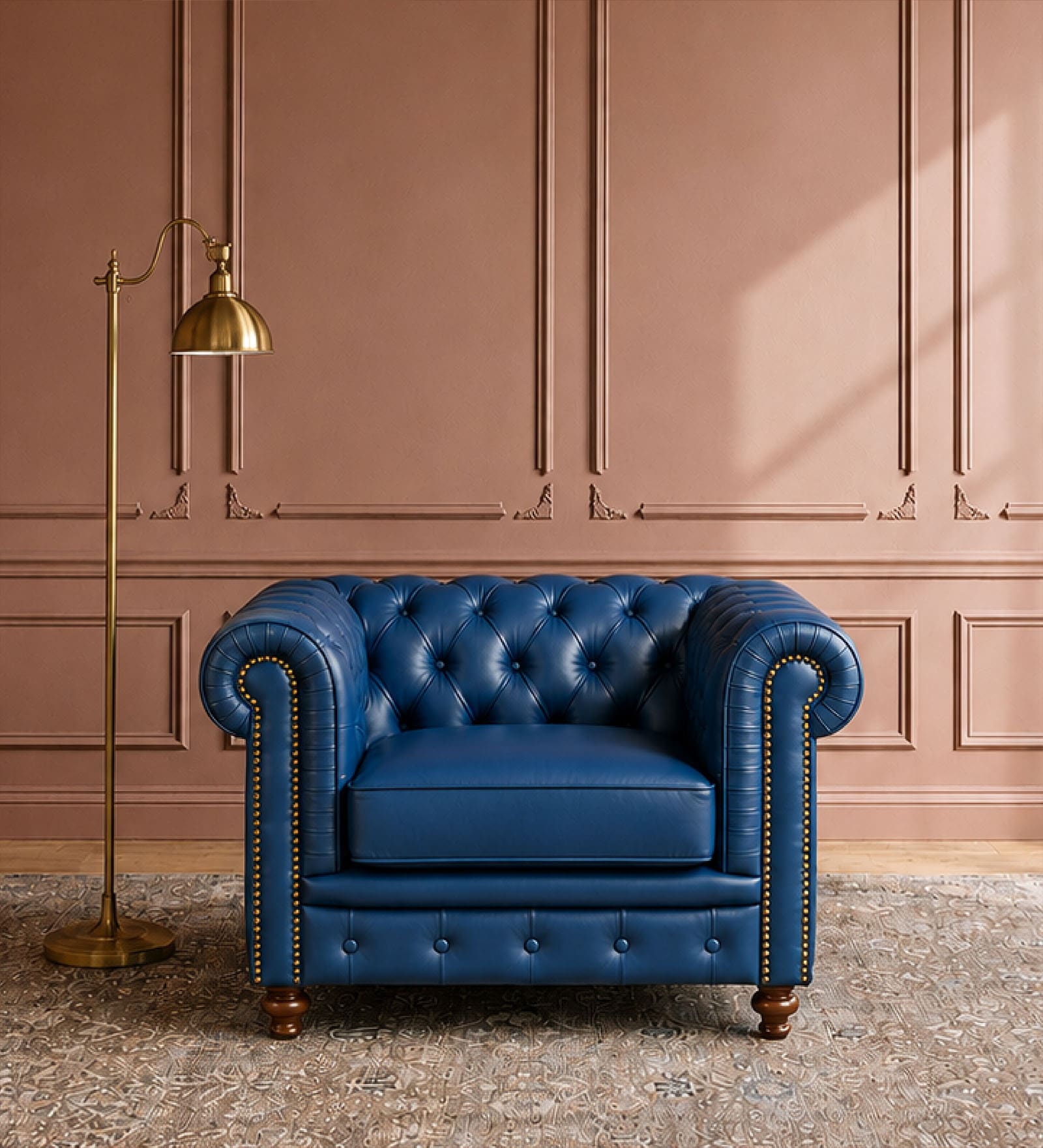 Classic Chesterfield Leather 1 Seater Sofa In Blue Colour