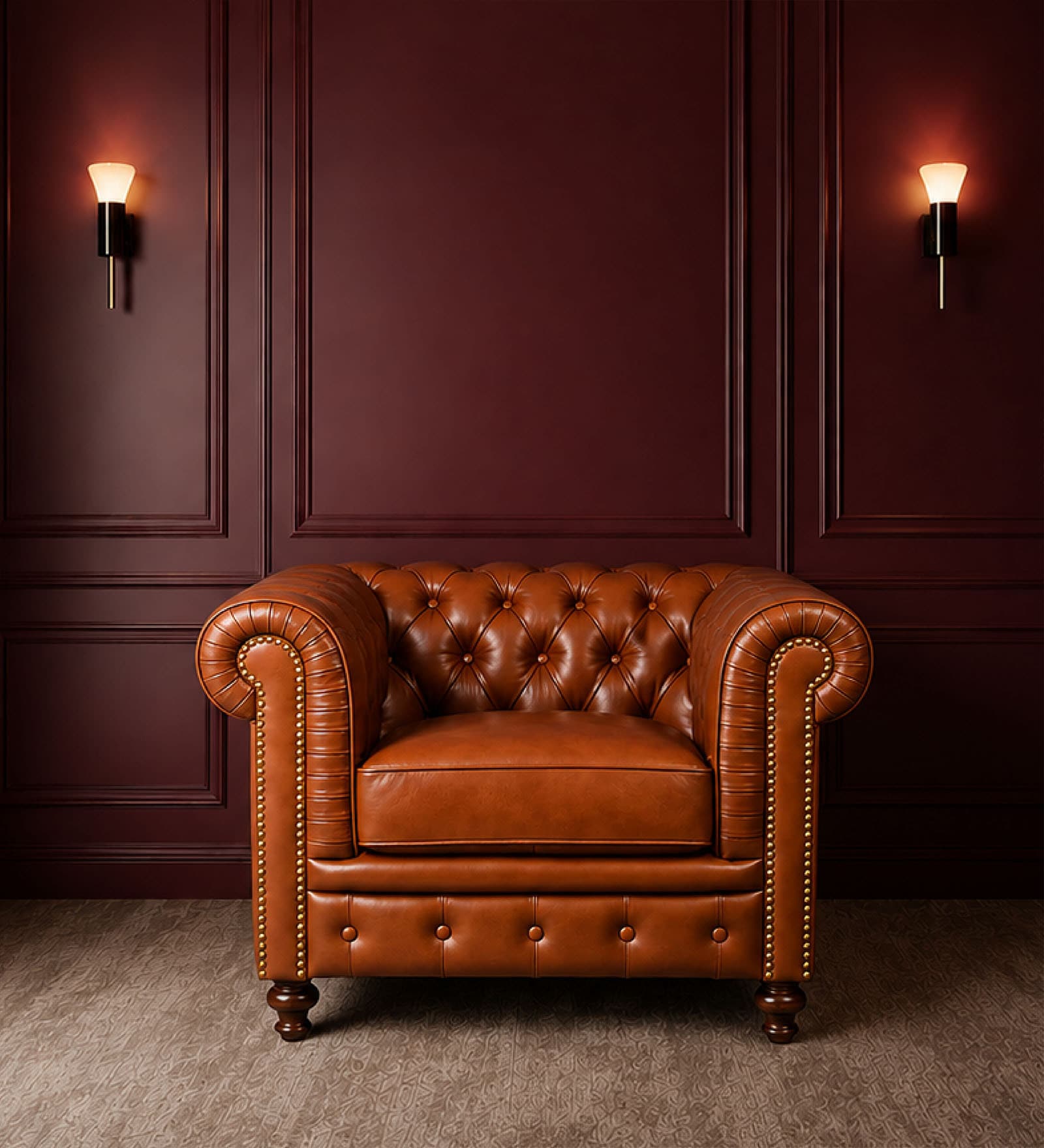 Classic Chesterfield Leather 1 Seater Sofa In Cognac Colour