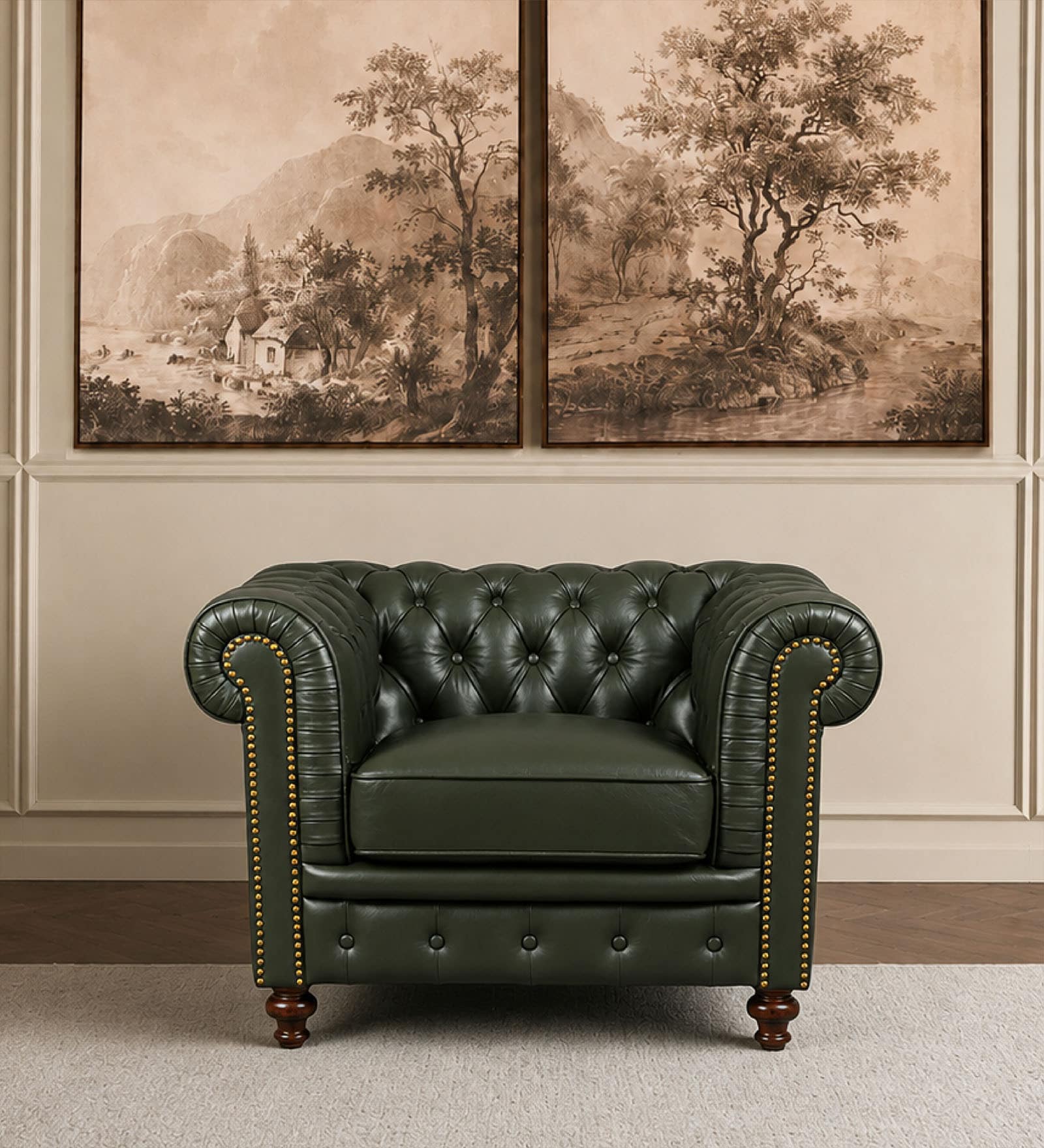 Classic Chesterfield Leather 1 Seater Sofa In Olive Green Colour