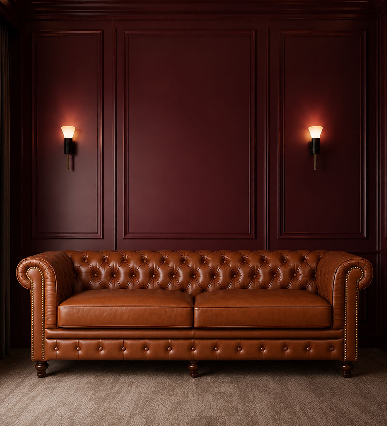 Classic Chesterfield Leather 3 Seater Sofa In Cognac Colour
