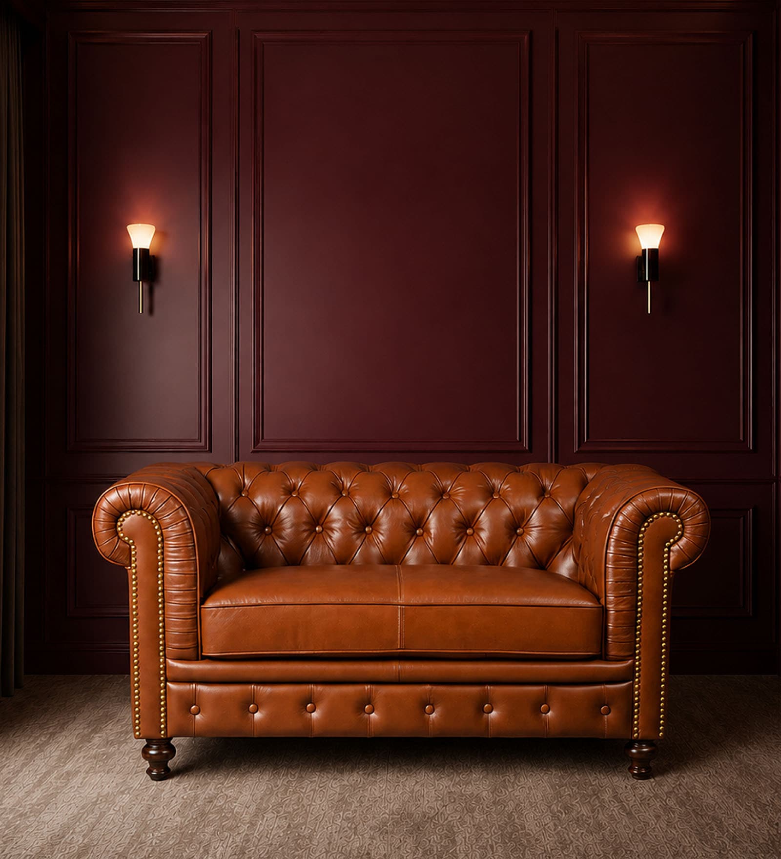 Classic Chesterfield Leather 2 Seater Sofa In Cognac Colour