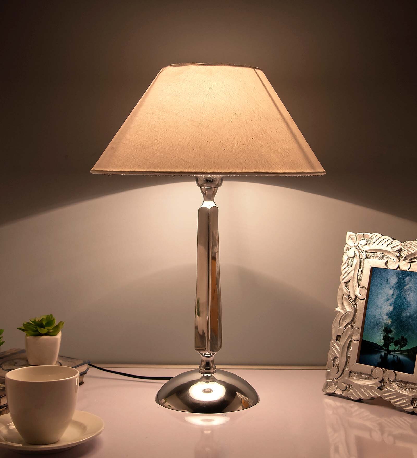 Classic Cubist Chrome Lamp With White Cone Shade