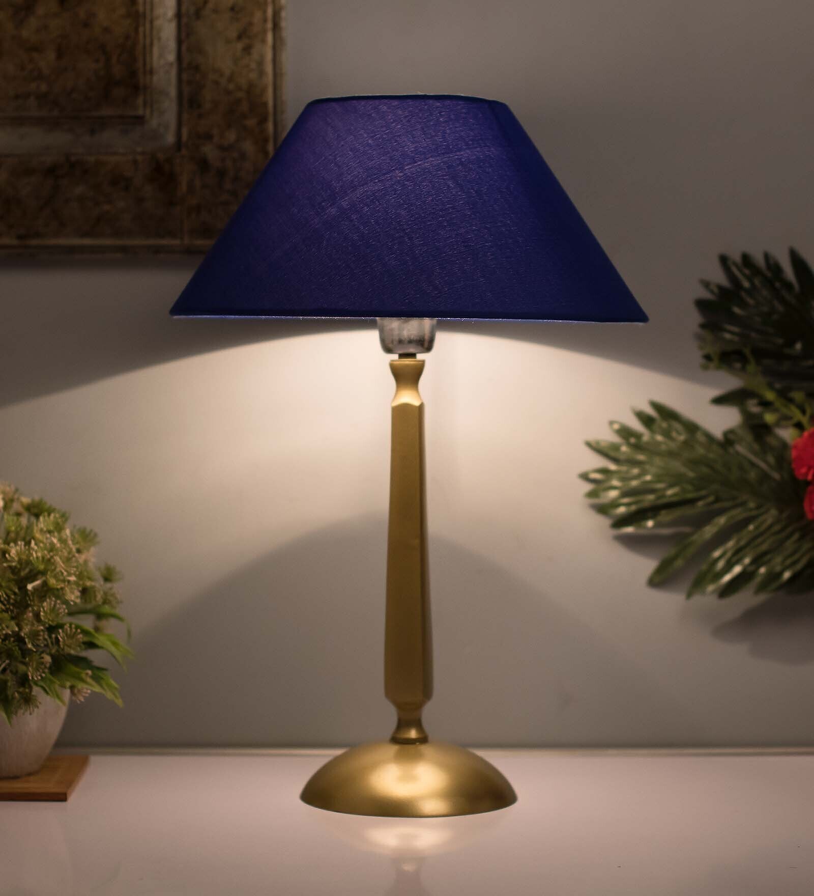 Classic Cubist Gold Brushed Lamp With Blue Shade