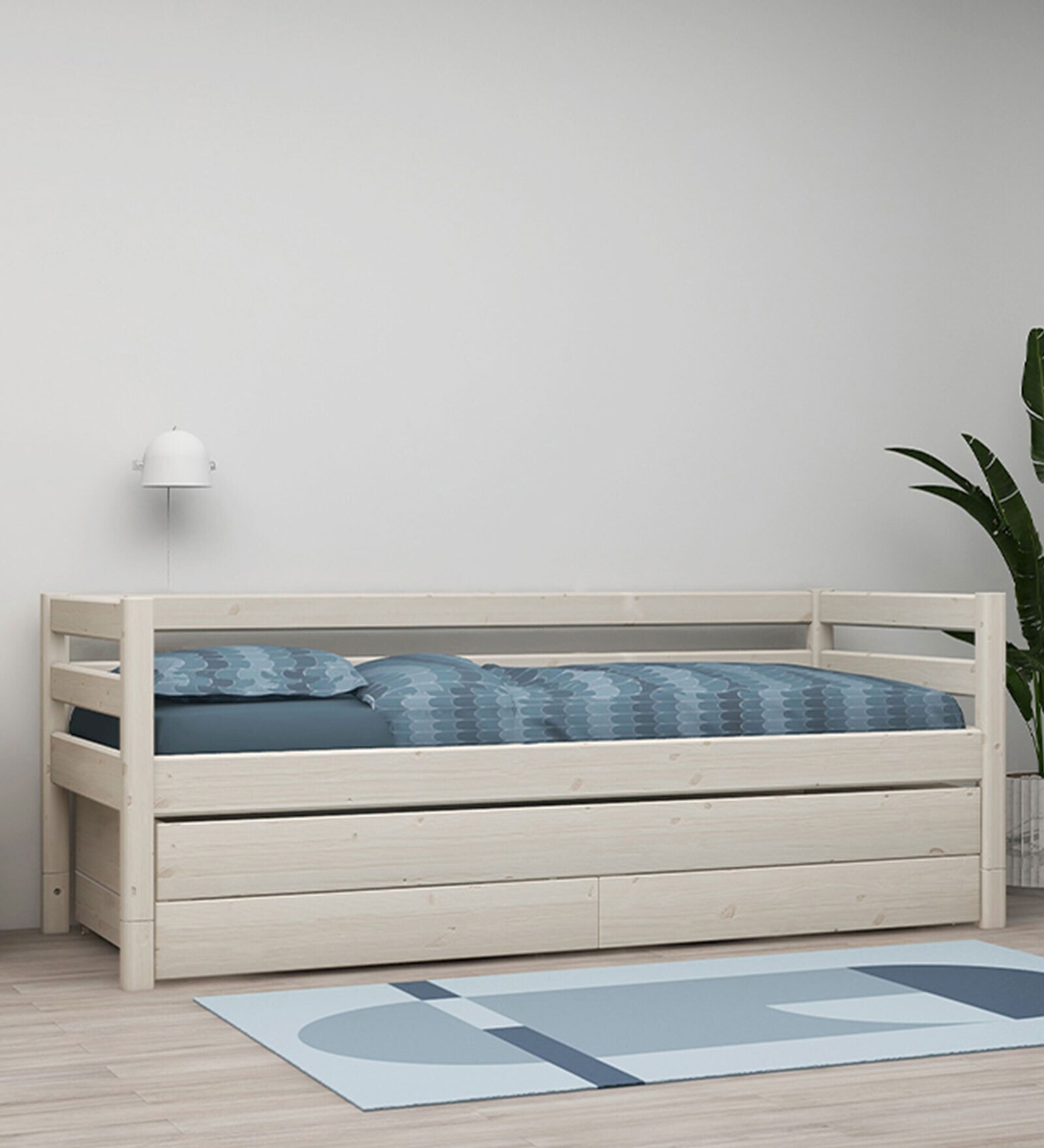 Buy Classic Large Solid Wood Kids Bed in White Colour with Trundle at