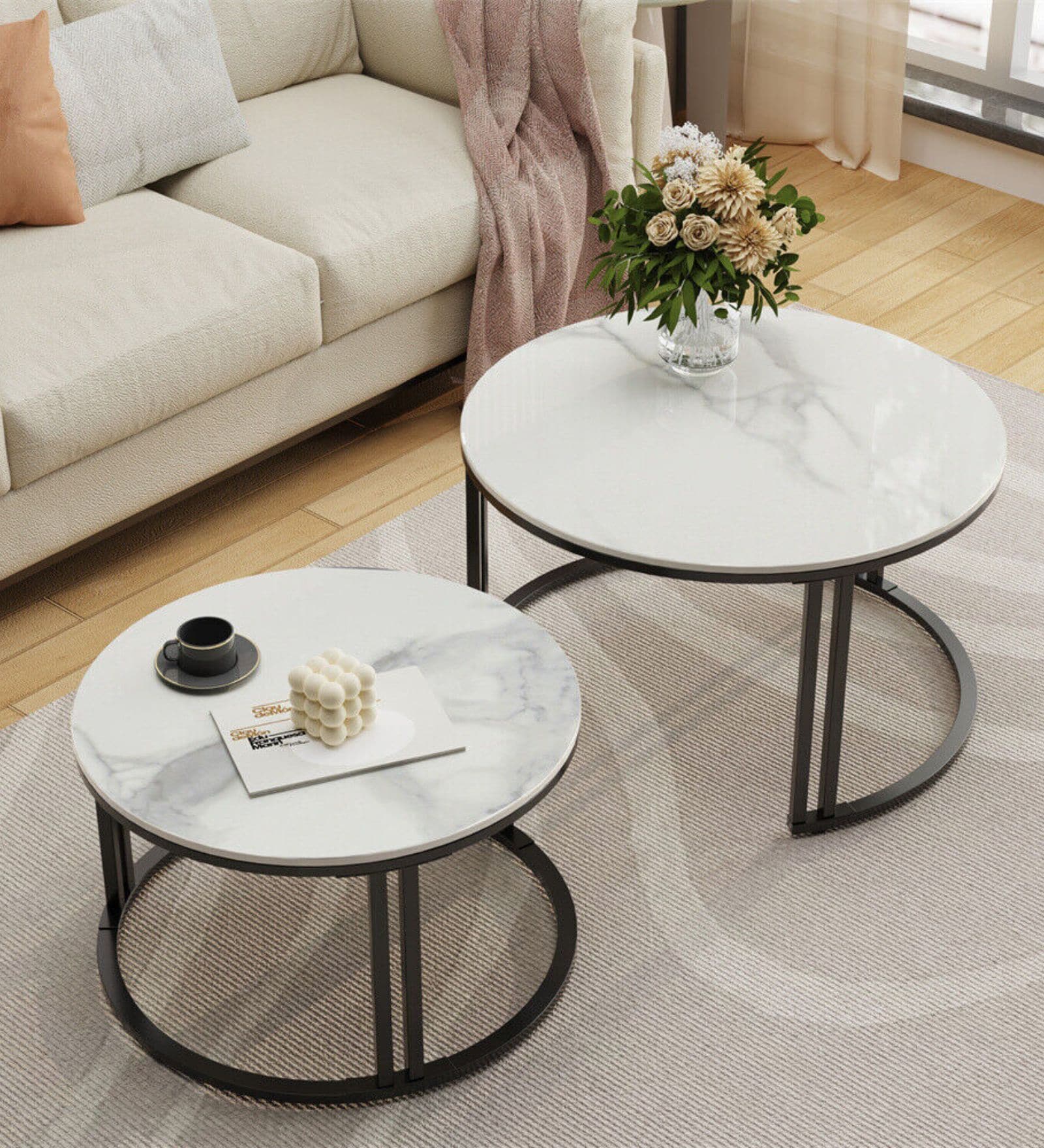 Classic Designer Round  Nesting Coffee Table In White Finish (Set of 2)