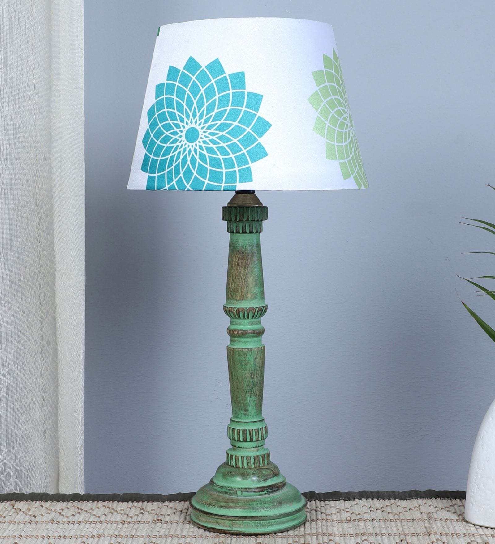 Classic European Style Inspired Mangowood Aqua Green Table Lamp With Dahlia Floral Print Satin Shade