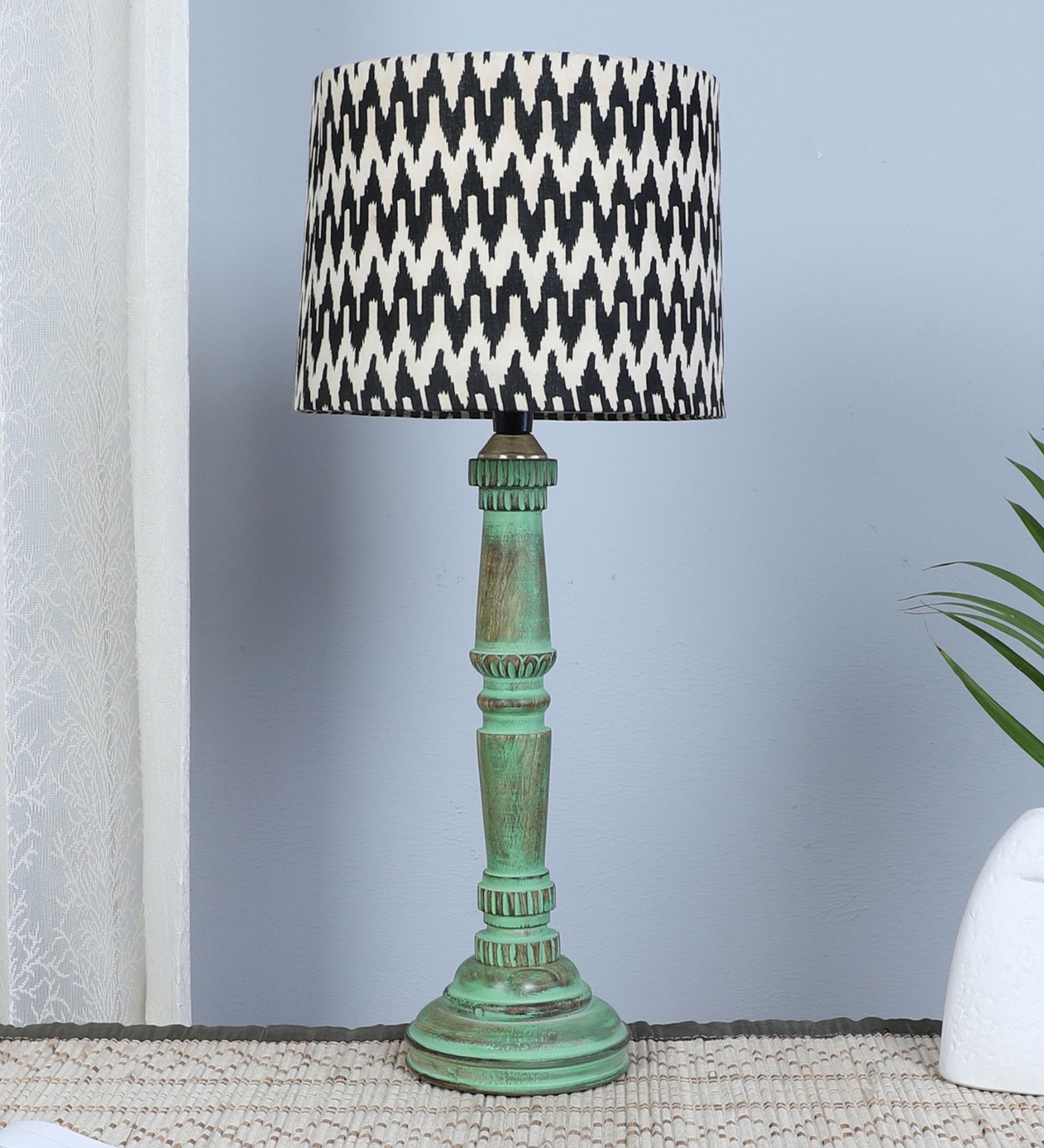 Classic European Style Inspired Mangowood Aqua Green Table Lamp With French Chevron Print Satin Shade