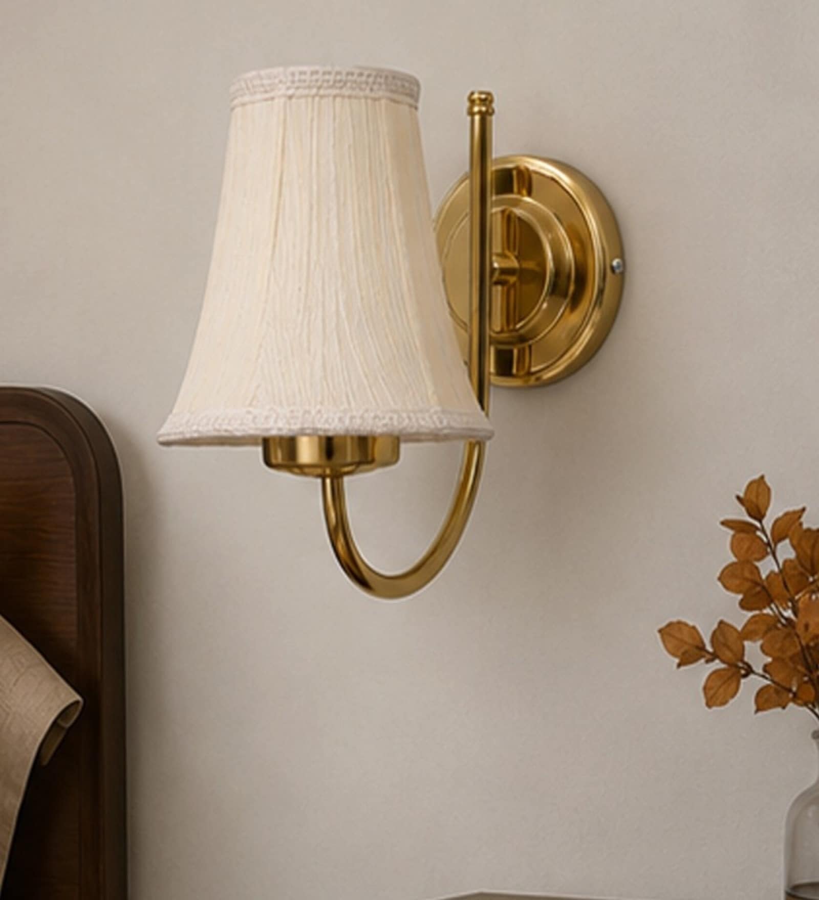 Classic Gold Wall Mounted Lamp with Off-White Cotton Shade & Bedroom