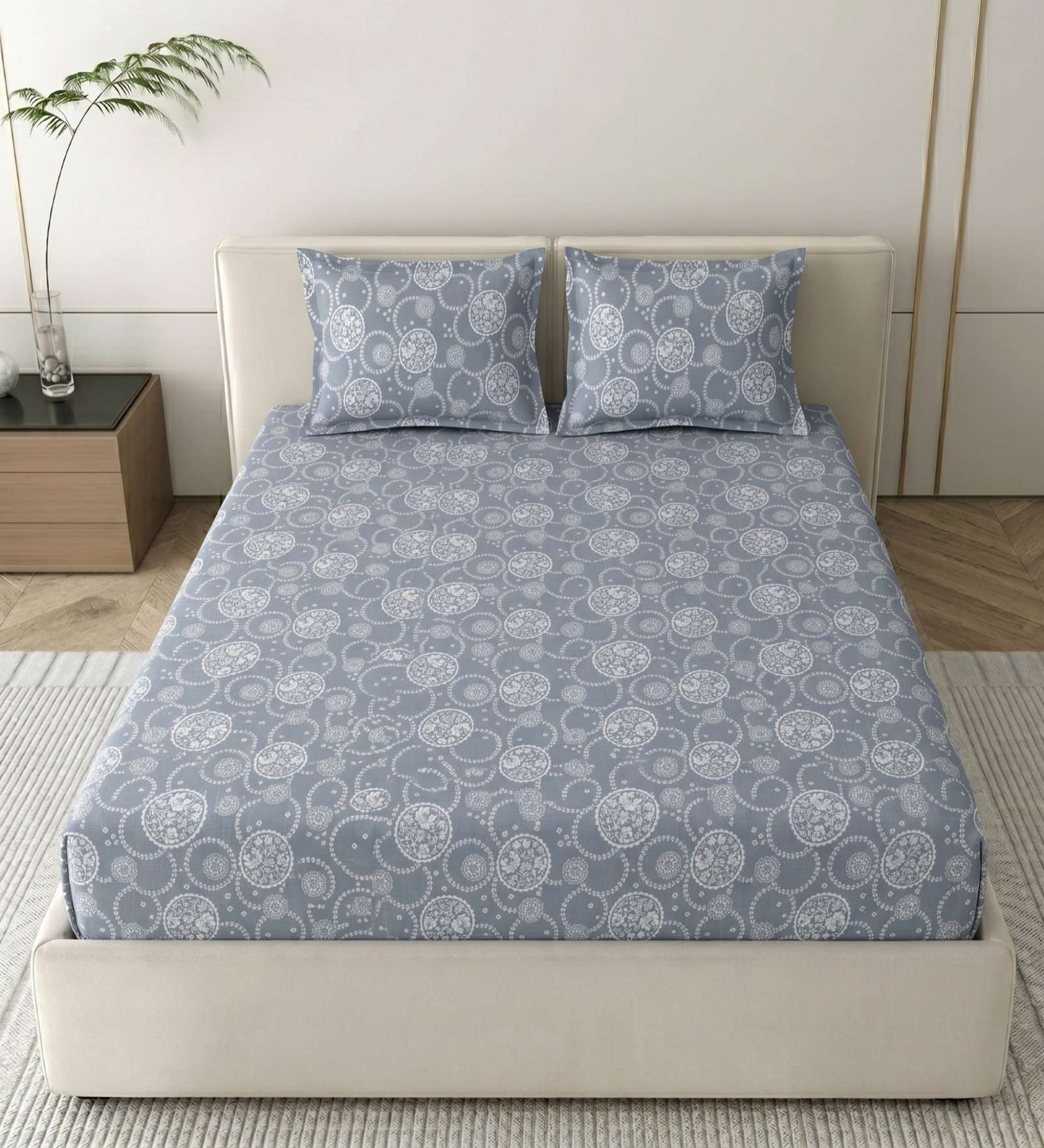 Classic Grey Grace Double 186 TC Cotton Bedsheet With 2 Matching Pillow Covers