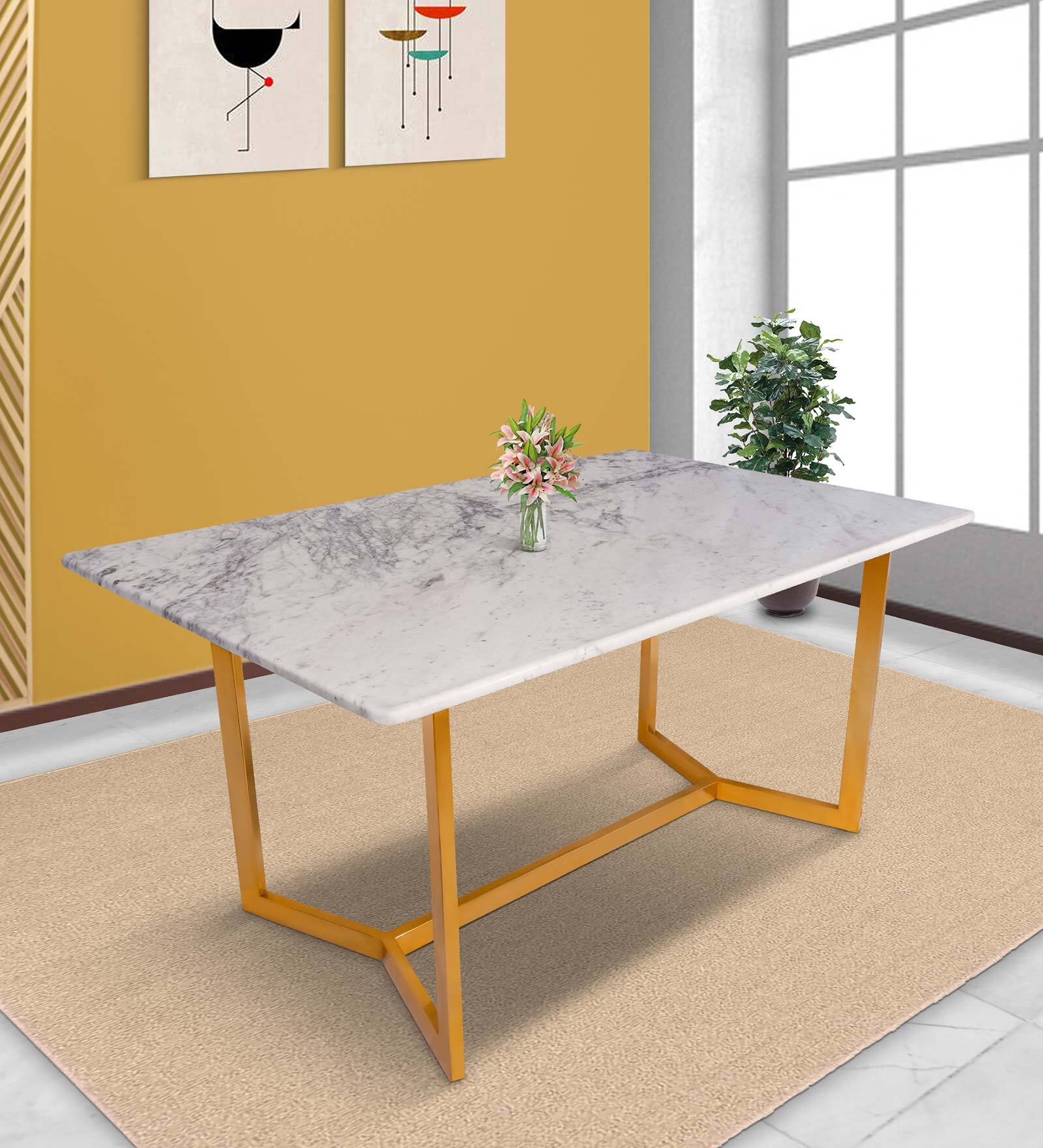 Classic Mylo 6 Seater Marble Top Dining Table in Glossy Gold Finish Classic Mylo 6 Seater Marble Top Dining Table in Glossy Gold Finish