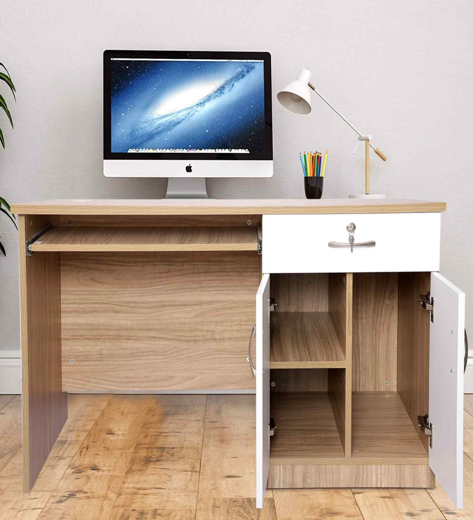 Classic Oak And White Dual Tone Workstation Desk With Textured Veneer Finish