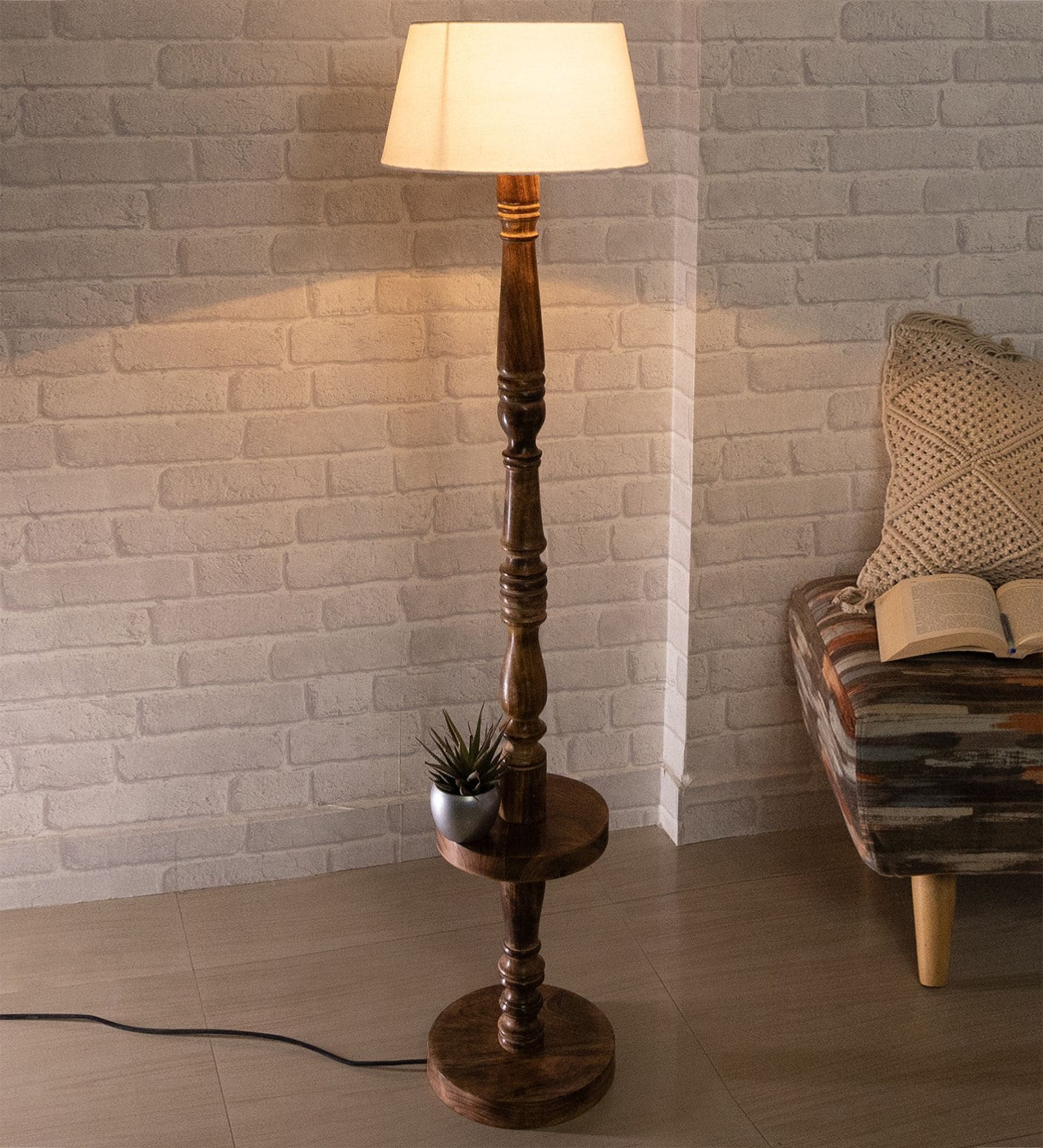Classic Round Mabel Black Finish Wooden Floor Lamp with White Shade