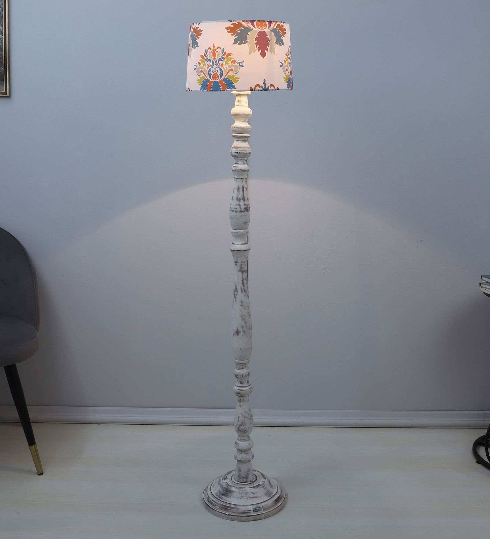 Classic Rustic White Mango Wood Base Floor Lamps English Oak Print Satin Shade