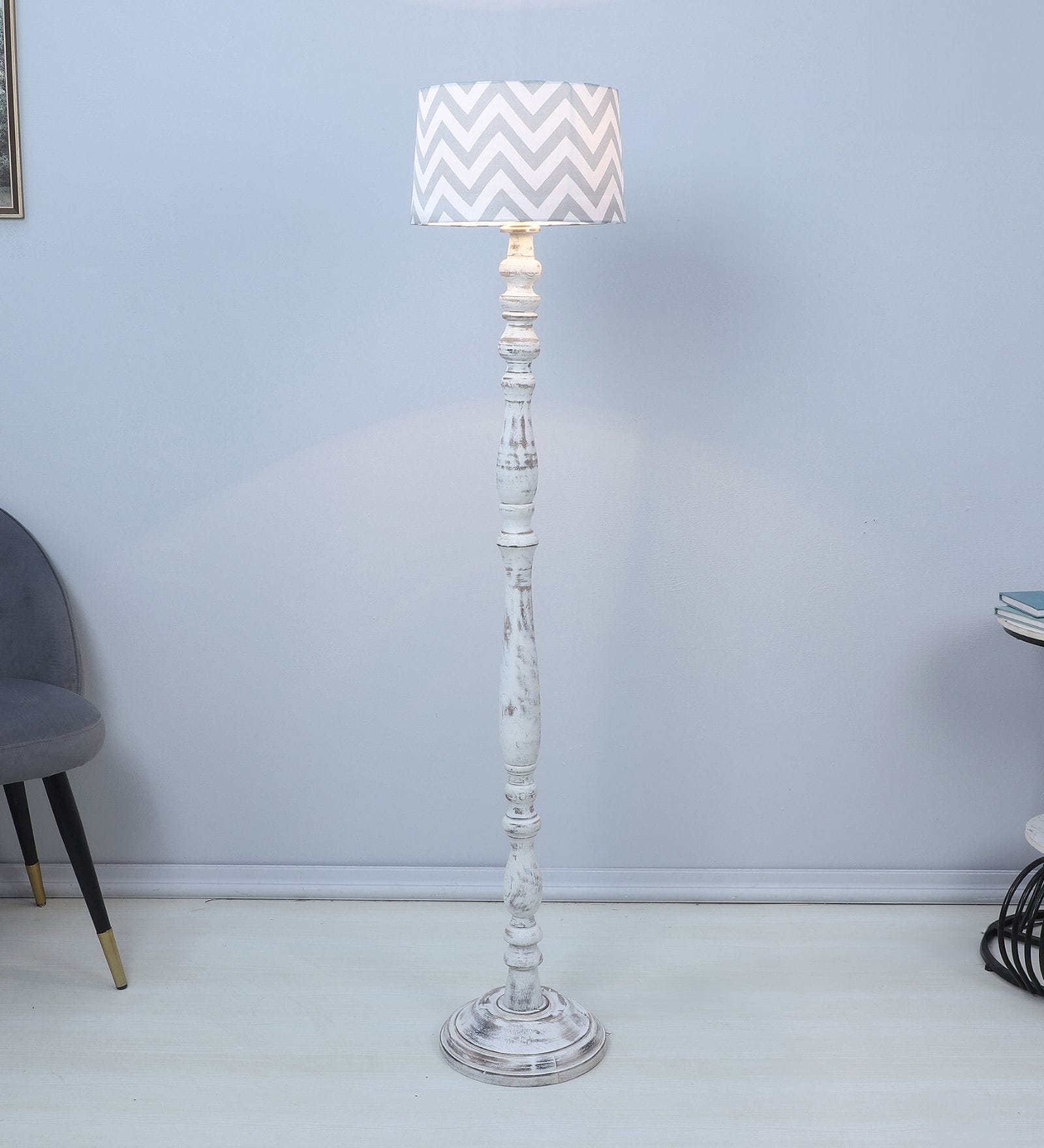 Classic Rustic White Mango Wood Base Floor Lamps Maze Print Satin Shade