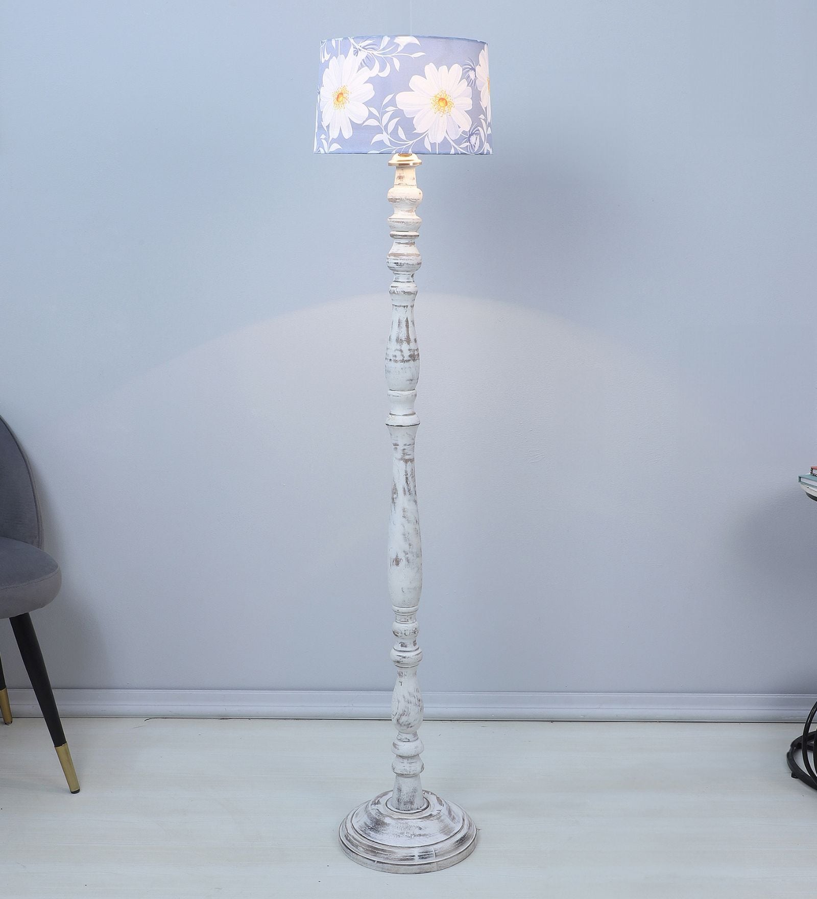Classic Rustic White Mango Wood Base Floor Lamps Narcissue Floral Print Satin Shade